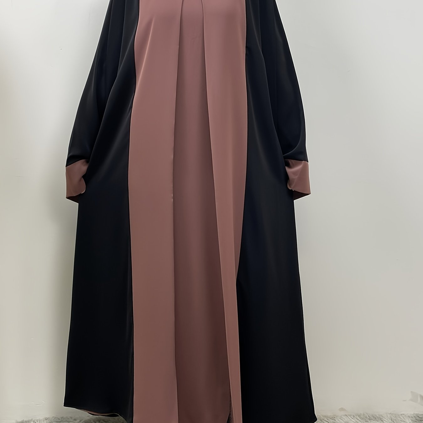Elegant Abaya Faux Two Pieces Design, Solid Color, Long Sleeve, Kimono, Polyester, Woven, 160G/M², with Pocket, for Muslim, Spring/Fall