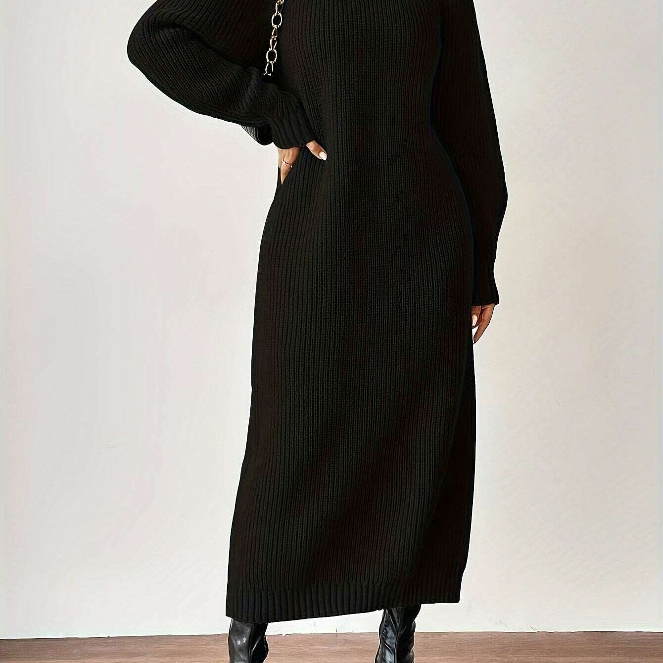 Women'S Long Sleeve Turtleneck Sweater Dress, Elegant Solid Color, Polyester, Autumn/Winter Fashion, Adult Size, Ultra-Long Length