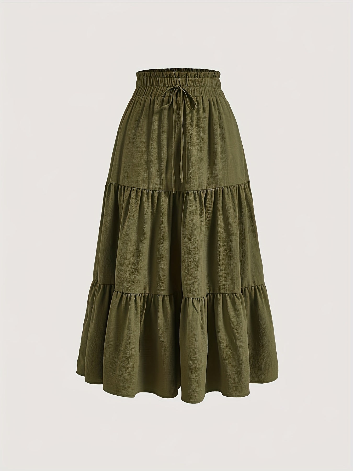 Women'S Two-Piece Solid Color Skirt Set - Black and Olive Green, Casual Style with Drawstring Waist, Elastic Ruffle Hem, Pleated Long Length, All-Season Wear, Casual Attire|Ruffle Hem Skirt|Drawstring Waist Skirt