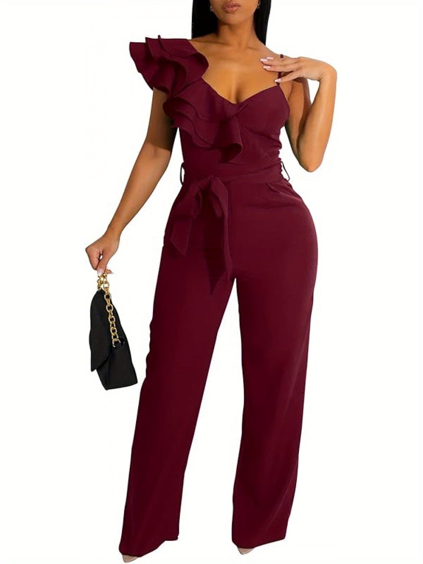 Womens Jumpsuits Ruffle Backless V-Neck Sleeveless Casual Belted Wide Leg Pant Romper Party Clubwear