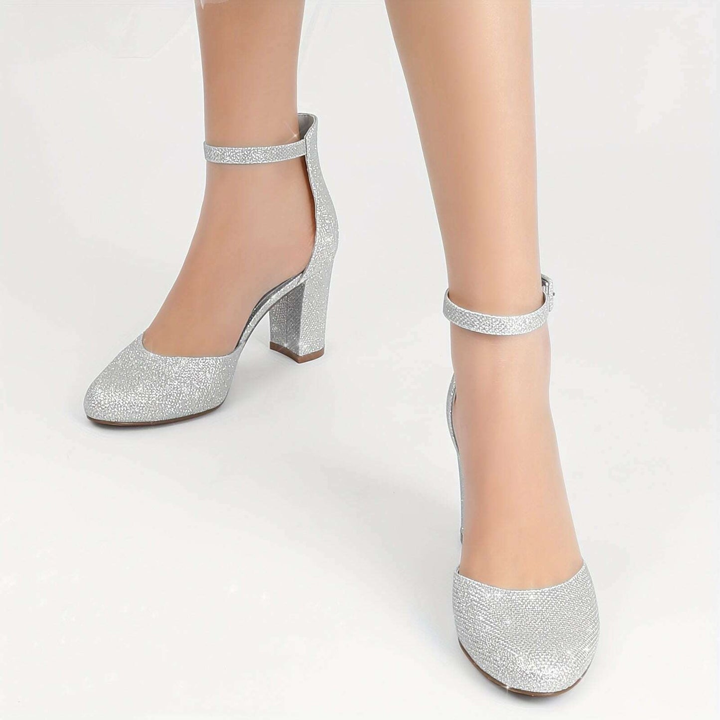 Elegant Golden Glitter D'Orsay High Heels for Women - Sparkling Pointed Toe with Ankle Strap, Lightweight & All-Season, PU Cover & Rubber Sole