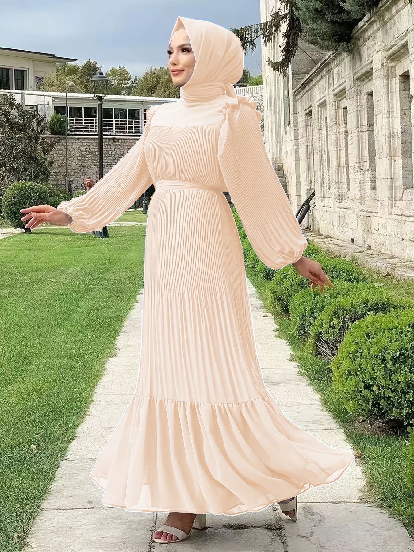 Women's Middle Eastern Muslim Abaya Kaftan Dress - Modest Long Sleeve Ruffled Hem Solid Color Traditional Dress with Belt, Machine Washable All-Season Casual Wear, Modest Apparel | Soft Texture