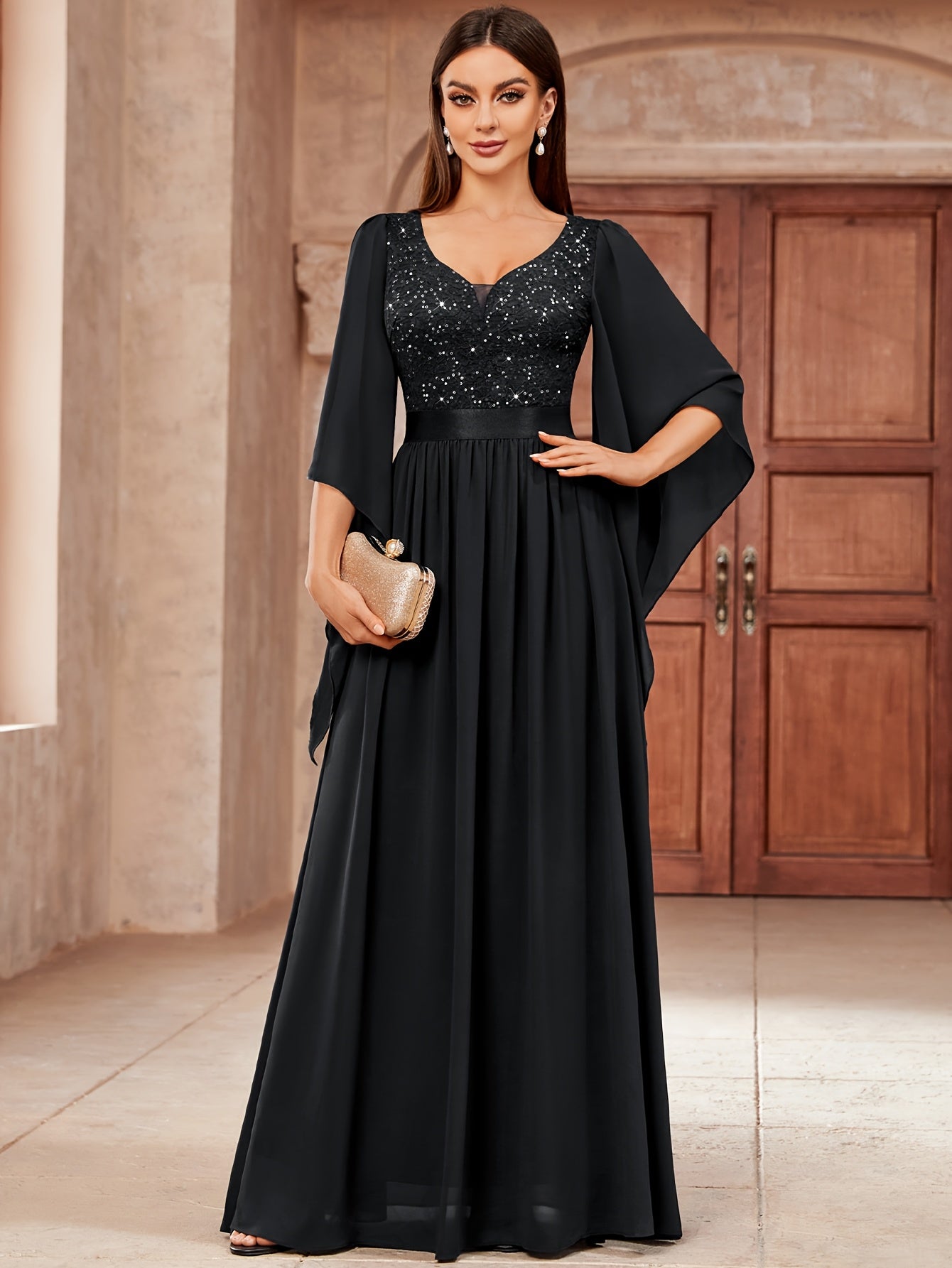 Deep V-Neck Lace Gown – Fit & Flare Sequin Dress