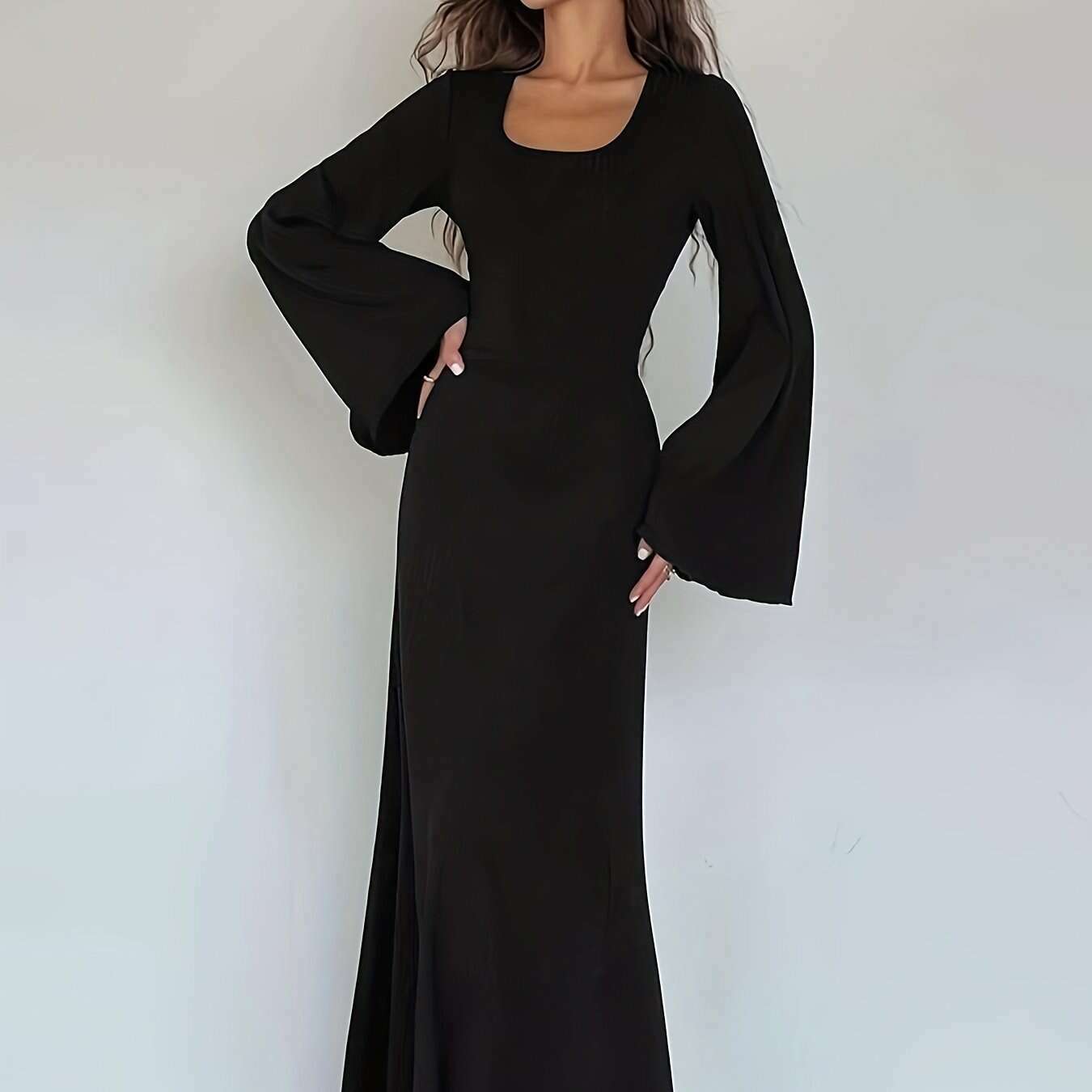 Solid Color Women'S Ribbed Knit Dress with Long Bell Sleeves, Round Neck, And Back Tie.