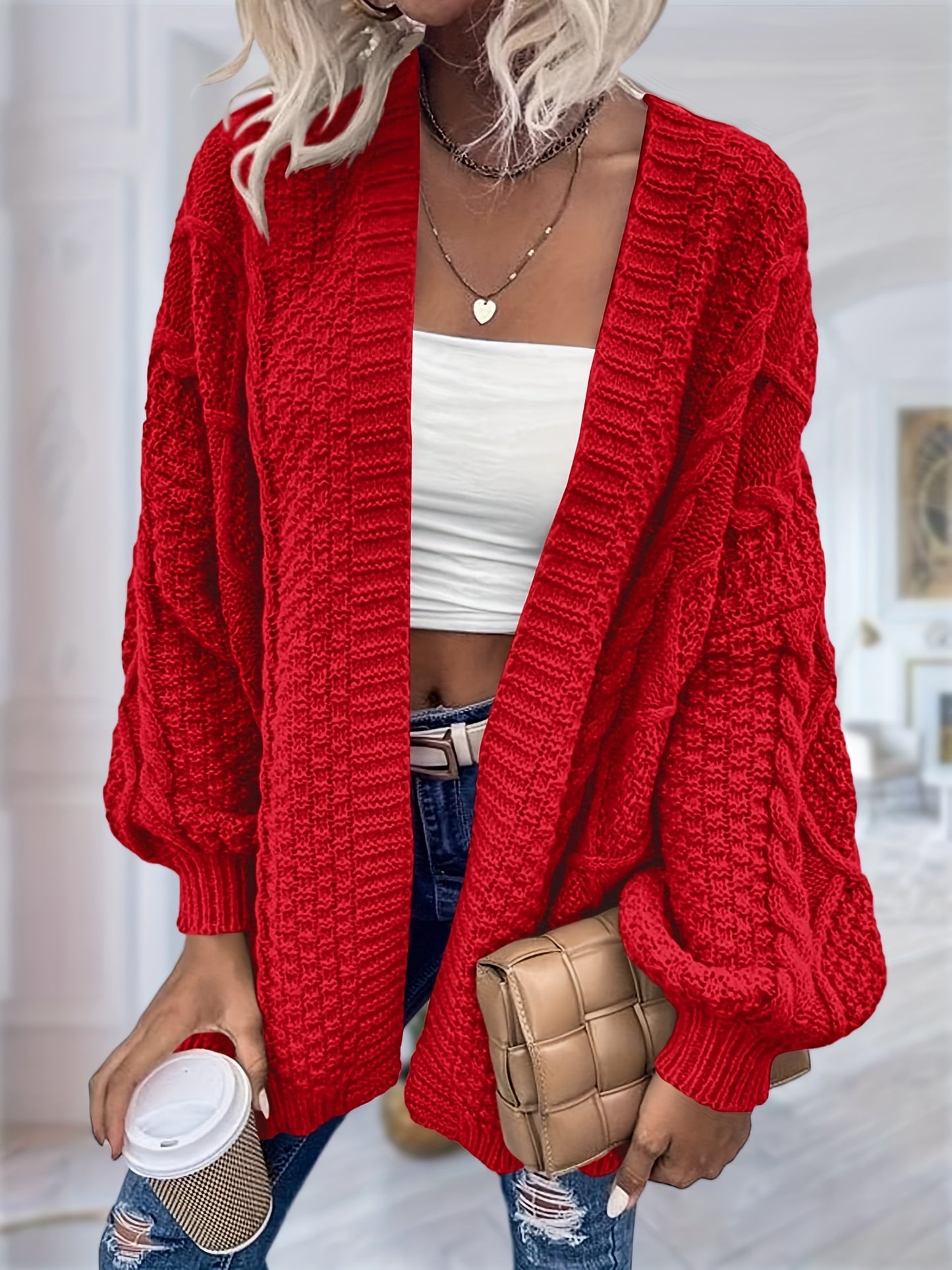 Women's Oversized Chunky Cable Cardigan Sweater Coat - Soft Pink Open Front Long Sleeve Winter Coat with Button-Free Closure, Cozy Fall & Winter Sweater for Casual Semi-Formal Outfits