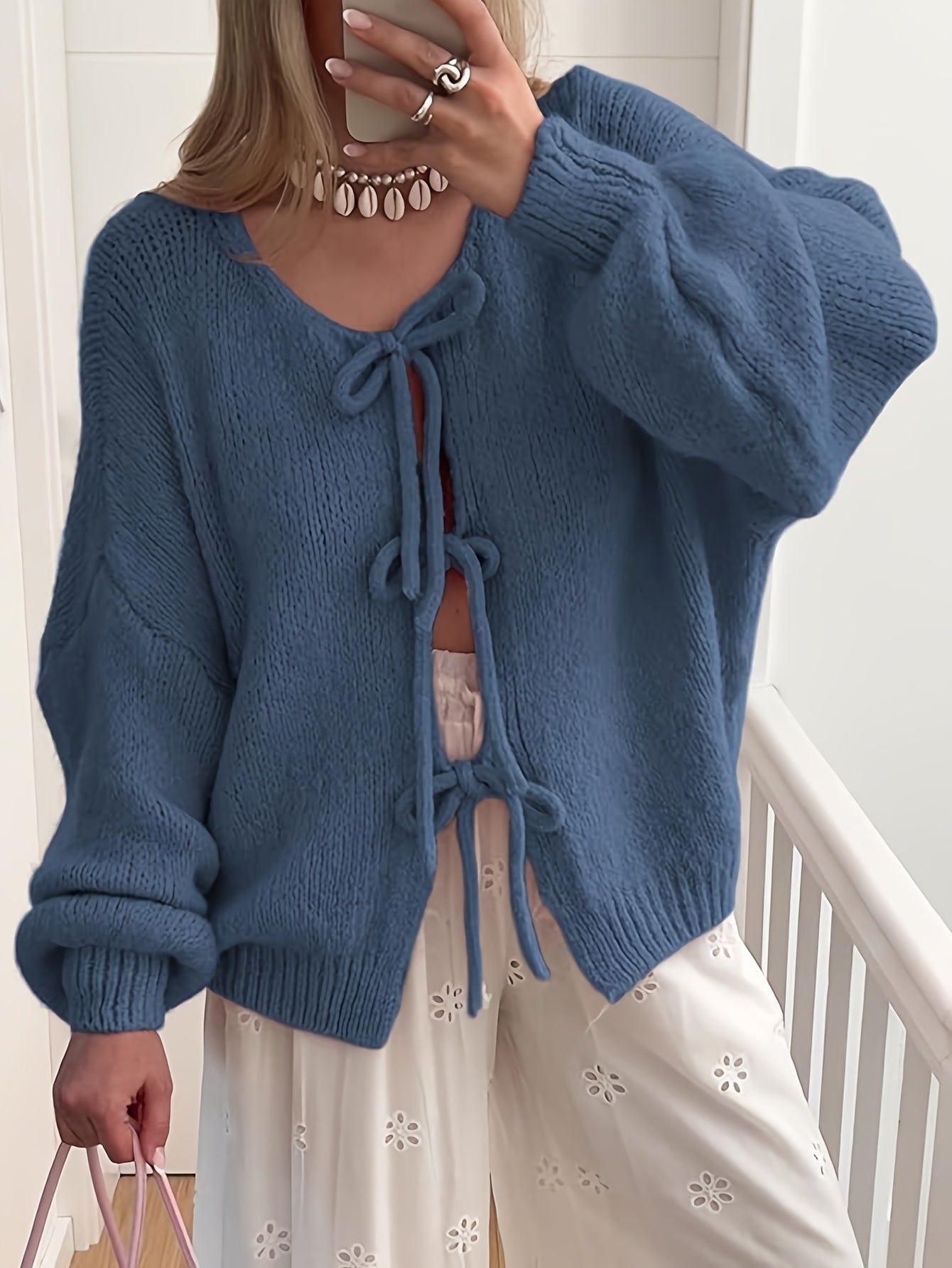 Women'S Oversized Bowtie Knit Sweater Cardigan With Y2K Vibe Long Sleeves V Neck Open Front Casual Wear