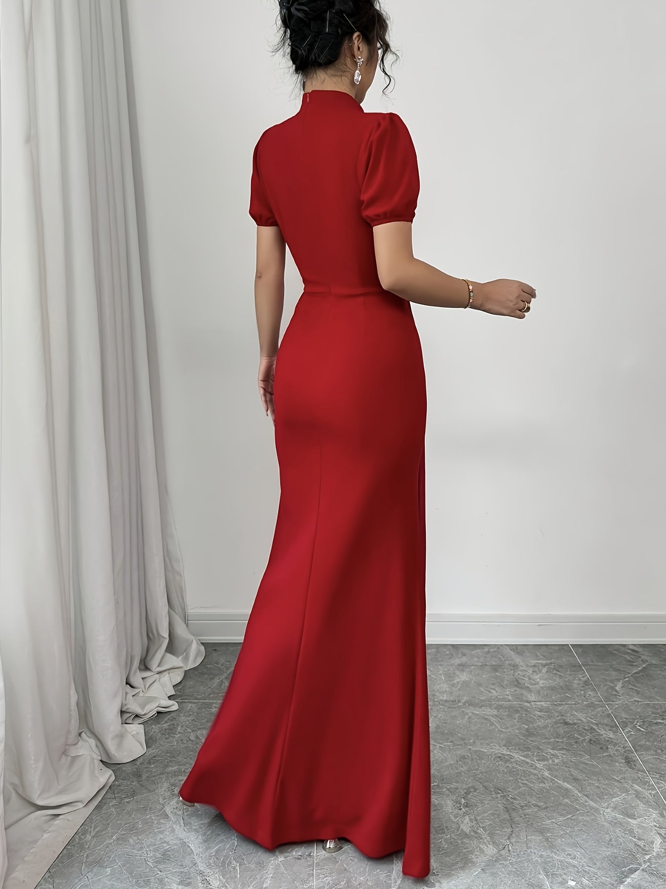 Elegant Red Midi Dress for Women - High Neck, Short Sleeves, Ruched Waist, Flowing Skirt, Perfect for Weddings or Formal Events, Polyester Blend, Machine Washable, Formal Event Attire|Ruched Waist Dress|Polyester Blend Dress