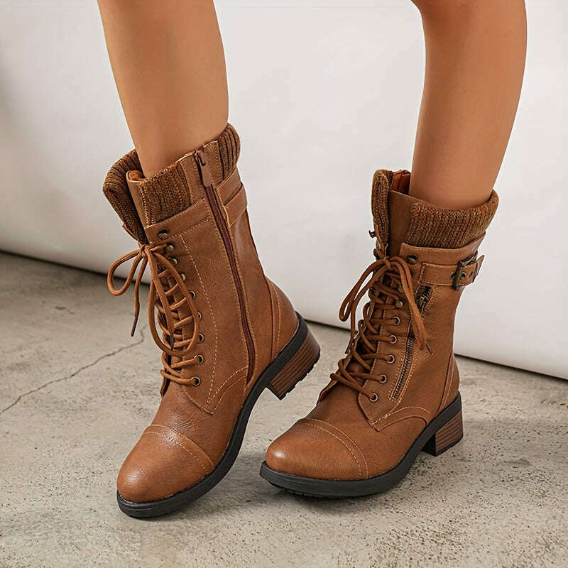 Women's Winter Lace Up Mid Calf Combat Riding Boots