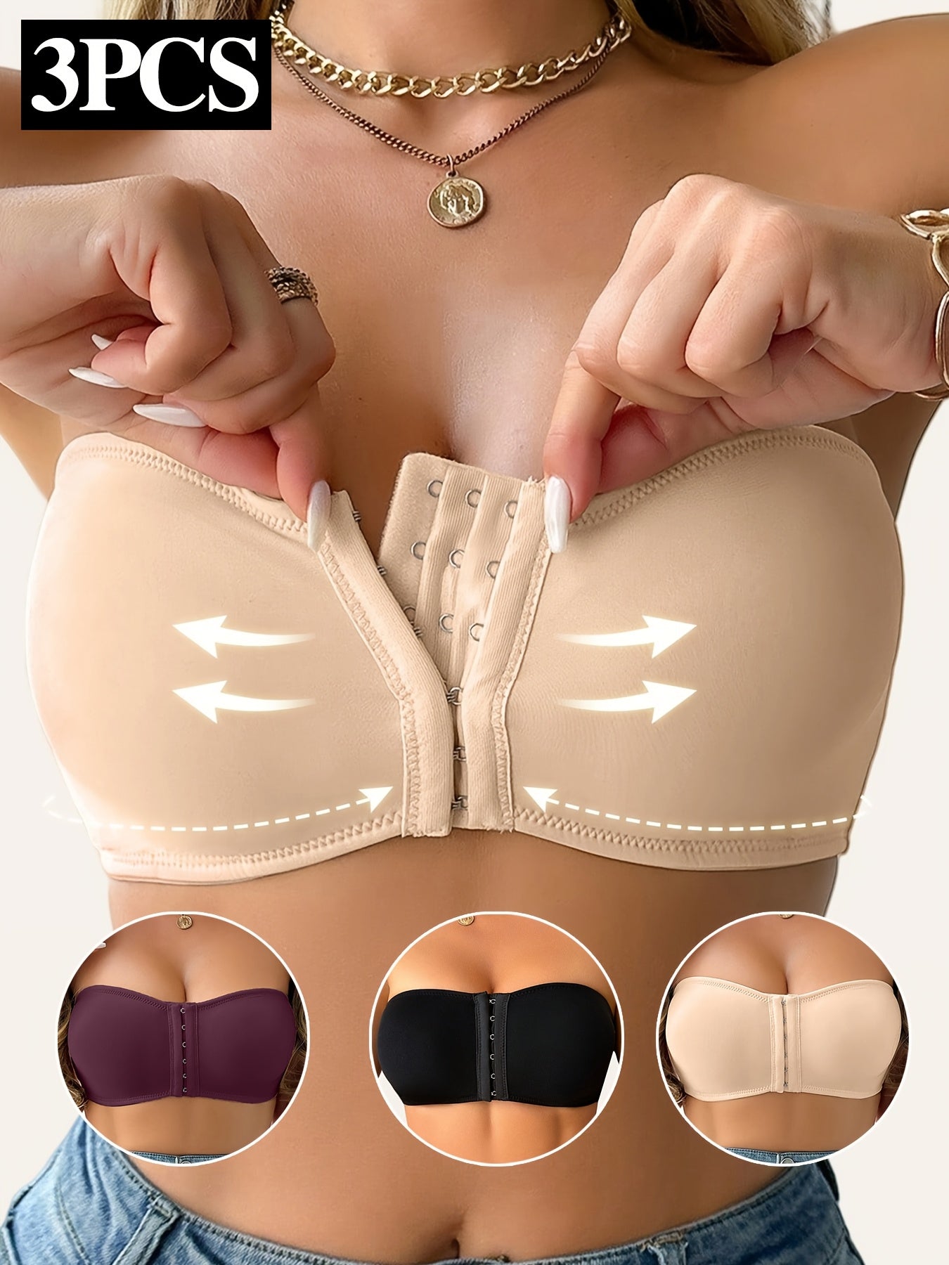 3pcs, Spring and Summer Style, Strapless, No Underwire, Front Closure, Removable Pads, Soft, Breathable, Comfortable, Anti-Displacement