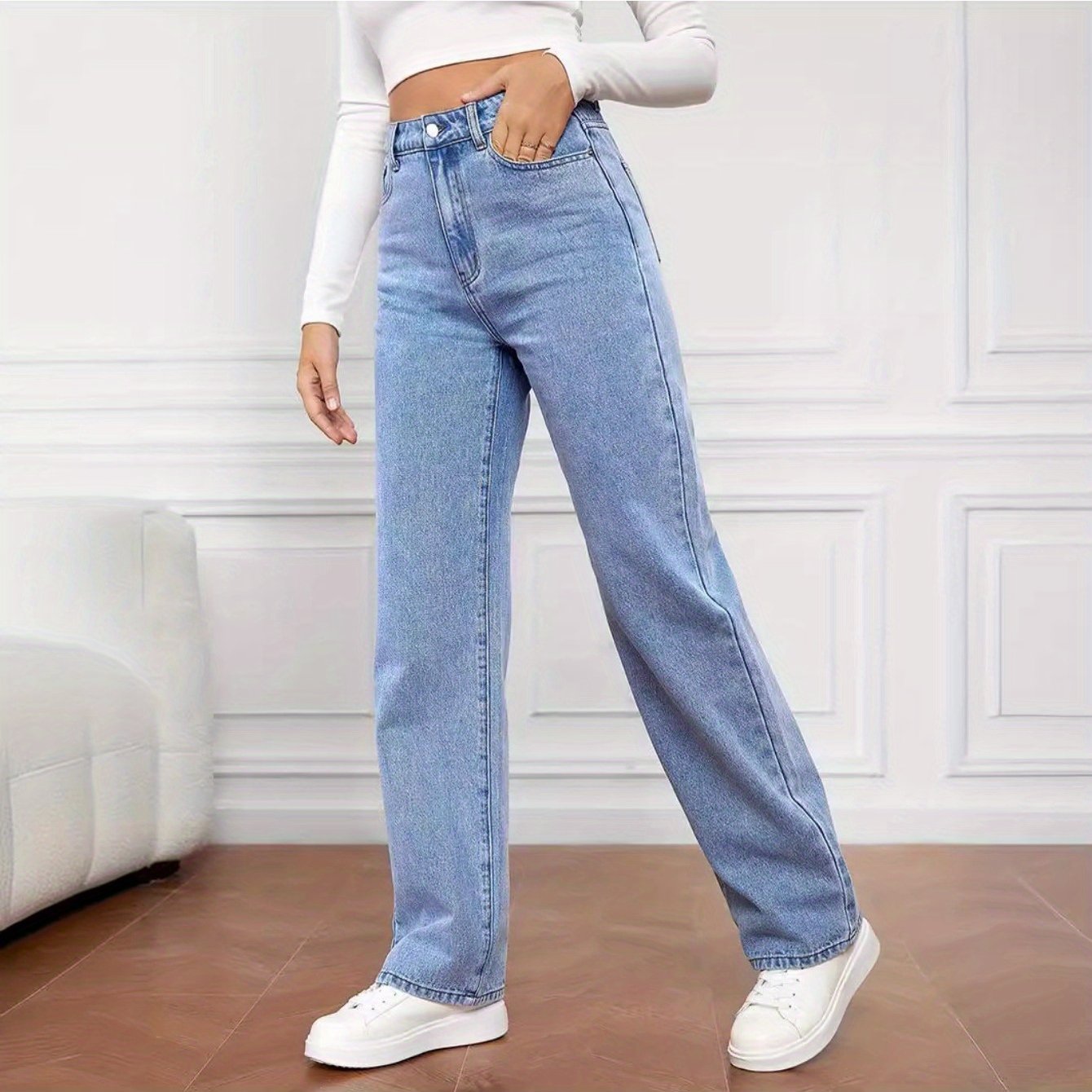 Women's High Waist Stretchy Jeans - Non-See-Through Washed Denim Pants with Straight Leg Fit, Stretchy Fabric for Everyday & Formal Outfits - Machine Washable All-Season Women's Pants, Street Style, Sleek Silhouette, Comforta