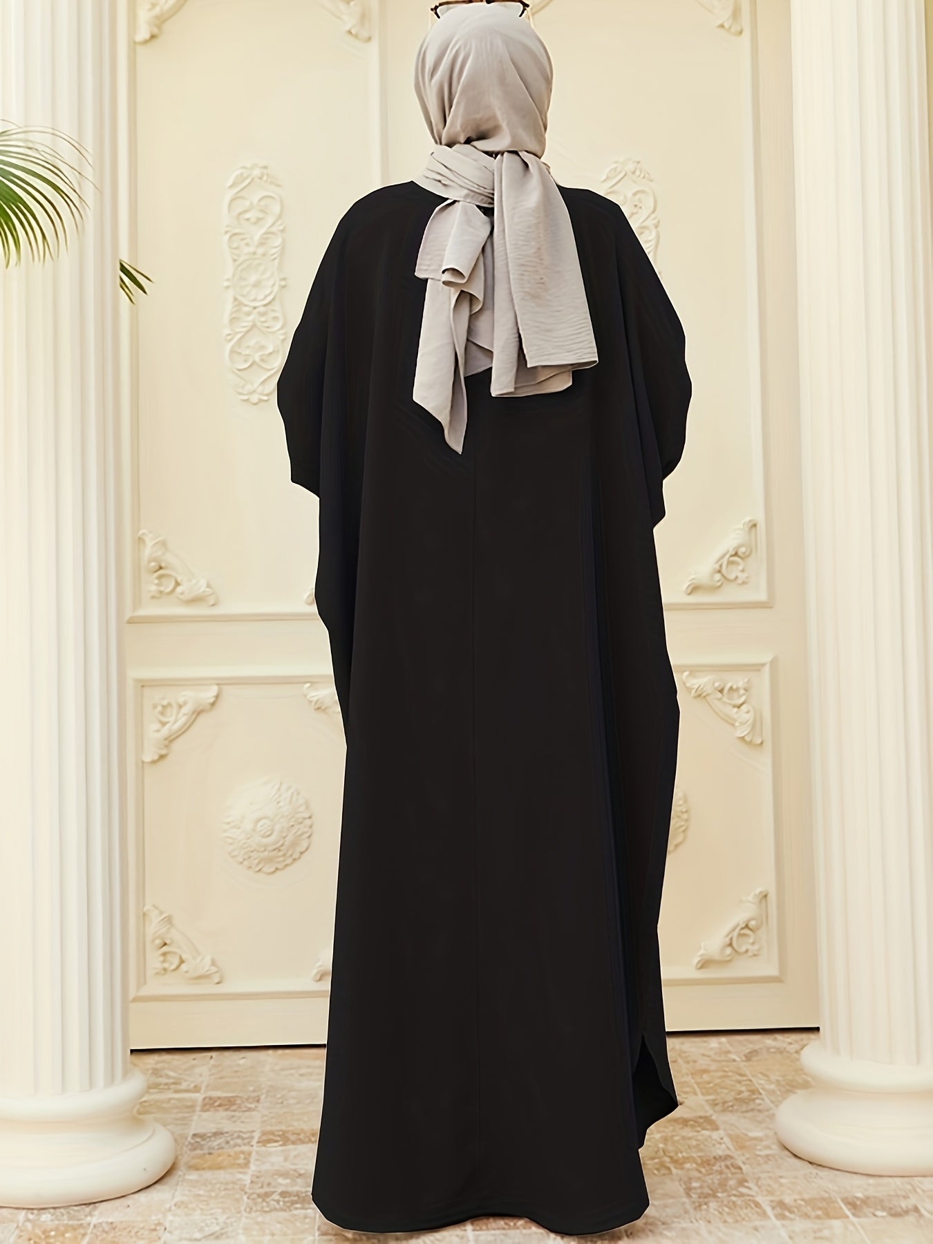 Ramadan Modest Batwing Sleeve Kaftan Dress - Solid Black Loose Fit Maxi Dress with Slit Hem & Button Front, Non-Stretch Fabric for Women, All-Season Versatile Abaya