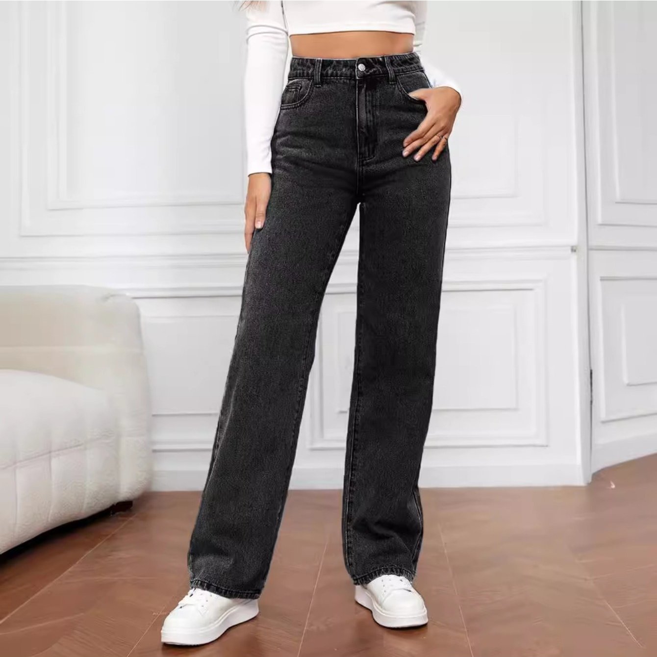 Women's High Waist Stretchy Jeans - Non-See-Through Washed Denim Pants with Straight Leg Fit, Stretchy Fabric for Everyday & Formal Outfits - Machine Washable All-Season Women's Pants, Street Style, Sleek Silhouette, Comforta