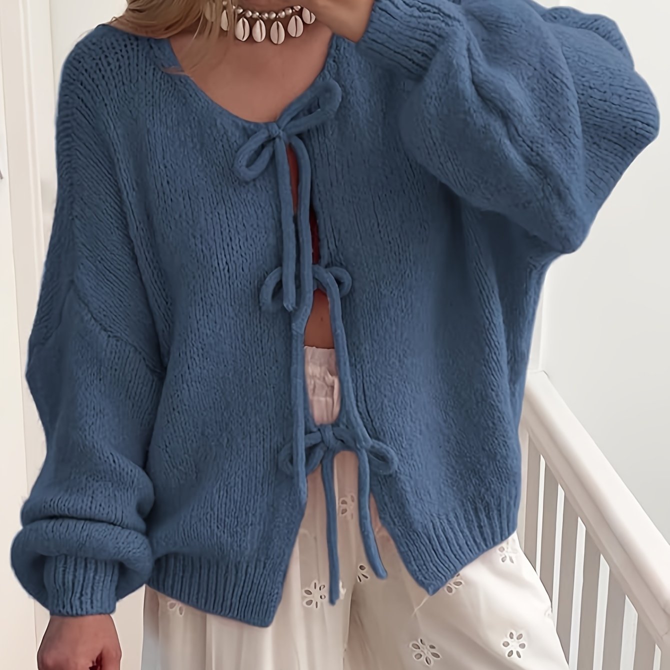 Women'S Oversized Bowtie Knit Sweater Cardigan With Y2K Vibe Long Sleeves V Neck Open Front Casual Wear