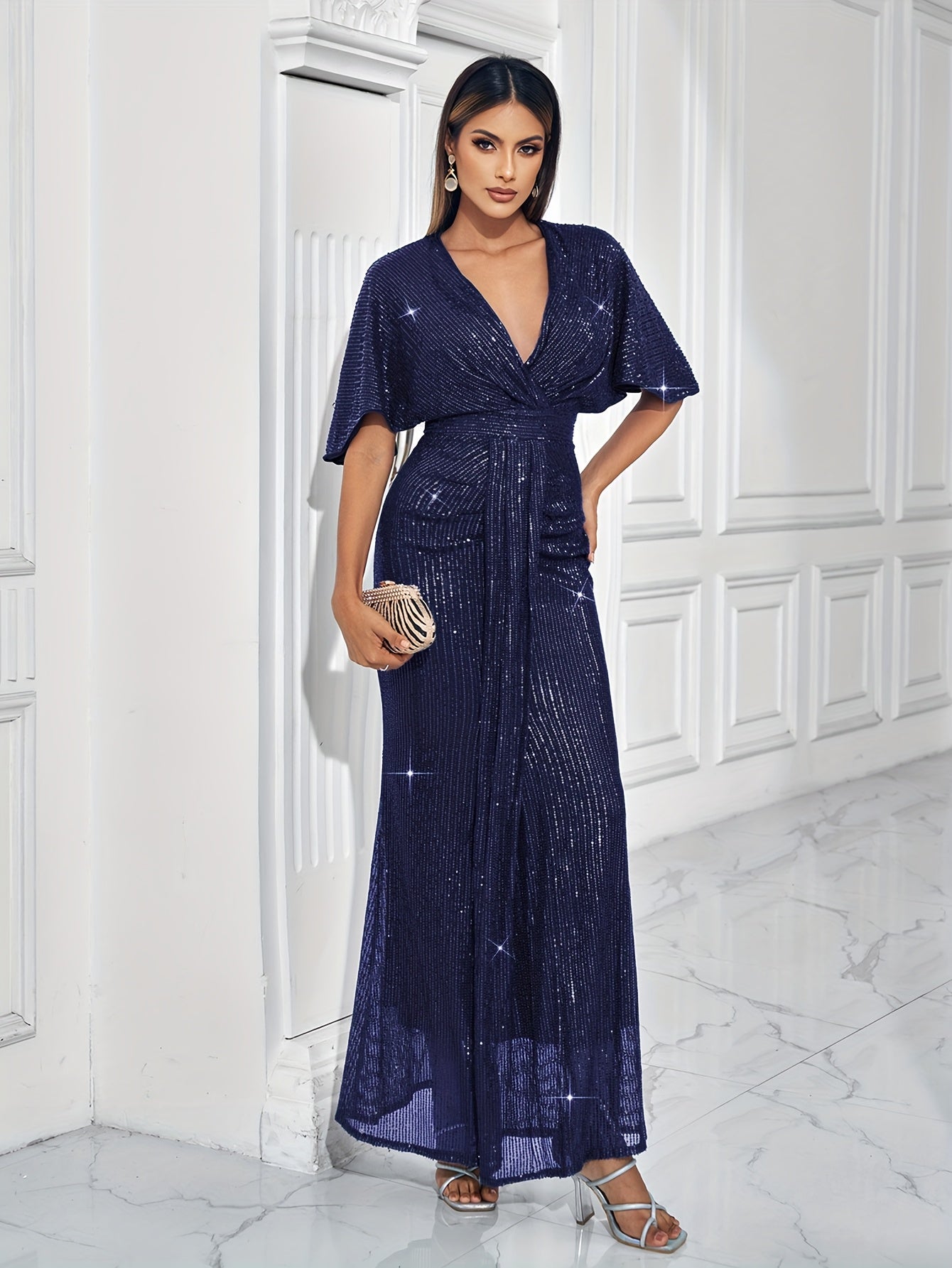 Sparkling V-neck Waist Cinched Dress
