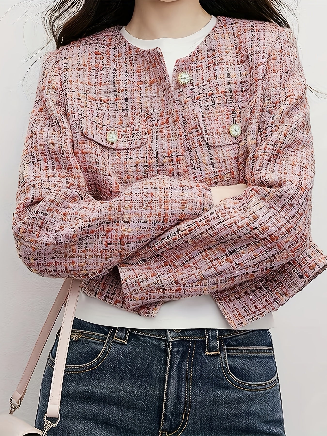 Women's Elegant Thickened Tweed Cardigan Jacket - Floral Pattern Plaid in Red, Pink, White & Brown, Loose Fit Short Length Long Sleeve Coat with Round Neck & Single-Breasted Button Front, All-Season Casual Outerwear for Every