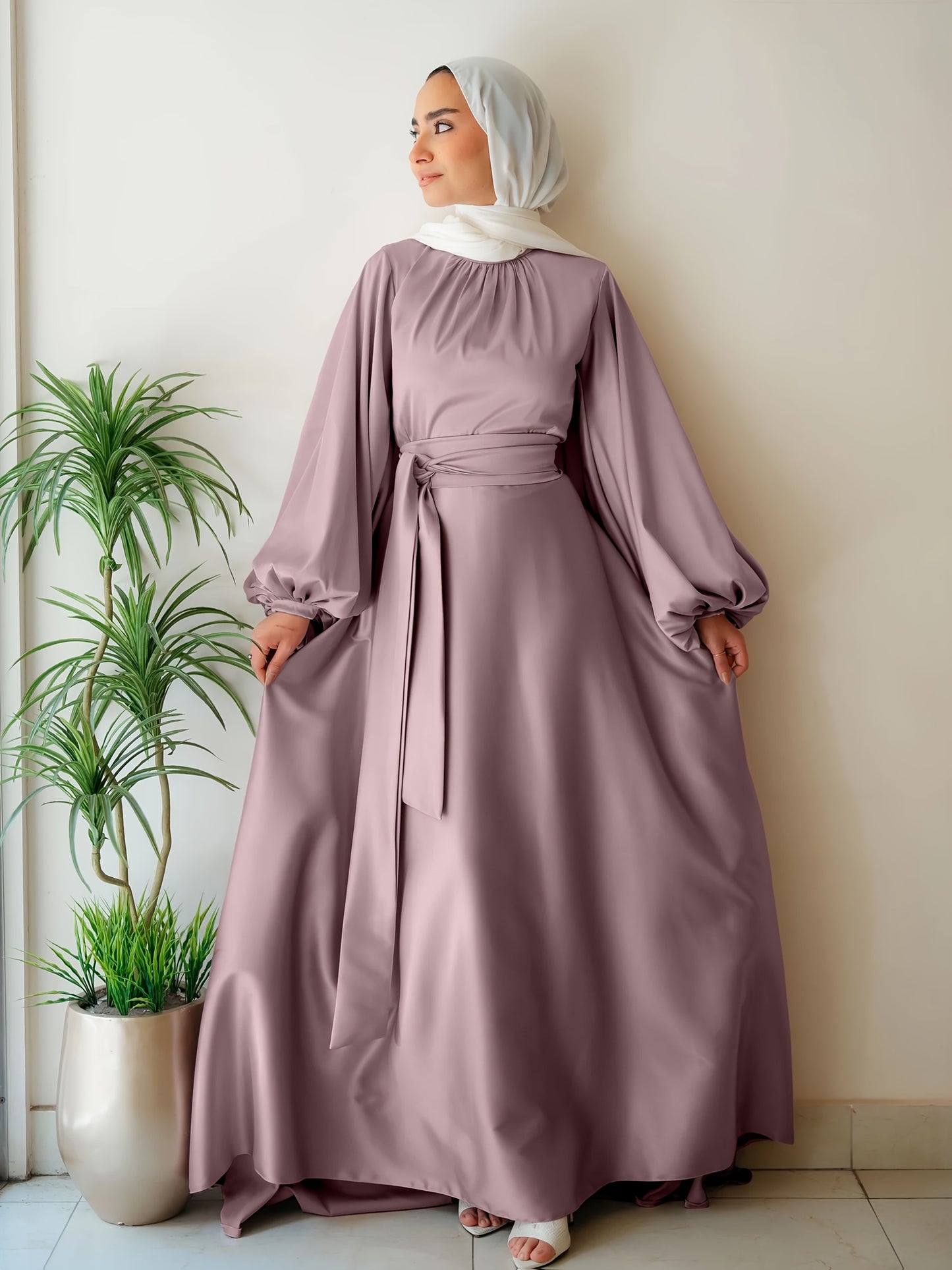Elegant Satin Abaya with Lantern Sleeves and Belt - Long, Flowing Maxi Dress for Women, Perfect for Festivals and Special Occasions, Festival Attire|Sleek Fitted Design|Polyester Fabric