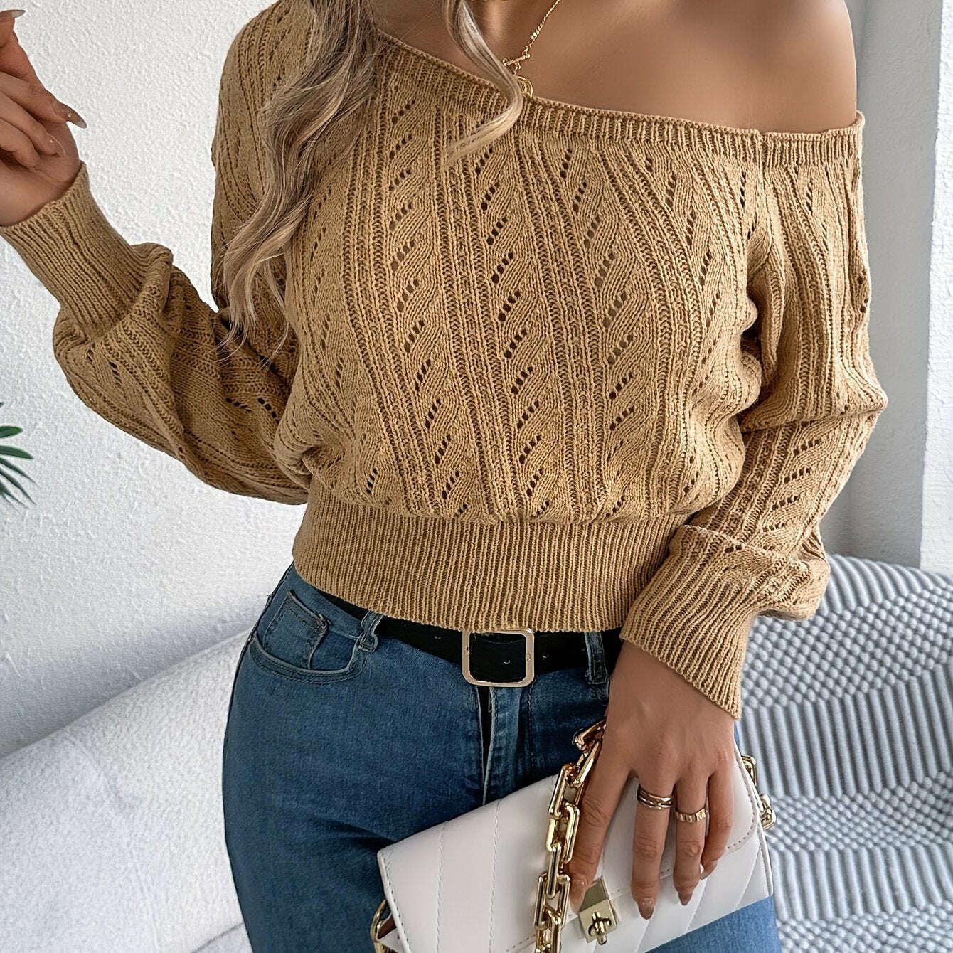 Elegant Slant Shoulder Cut-Out Knit Sweater for Women