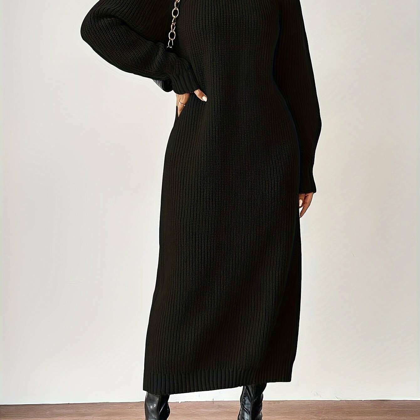 Women'S Long Sleeve Turtleneck Sweater Dress, Elegant Solid Color, Polyester, Autumn/Winter Fashion, Adult Size, Ultra-Long Length