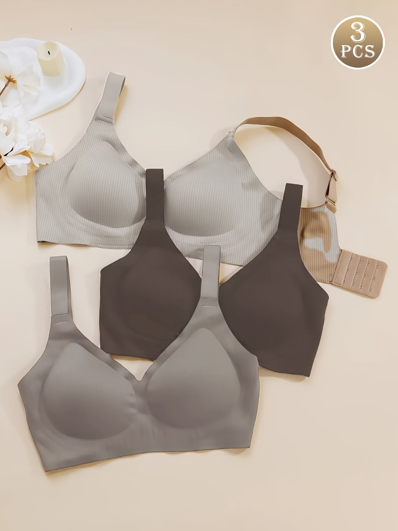 4pcs Women'S Seamless Bra - Elegant Solid Color, Wide Straps And Built-In Bra, Comfortable And Breathable Wireless Support, Non-Padded Ribbed Texture - Available in White, Beige, Black, Brown, Medium Support Bra|Seamless Unde