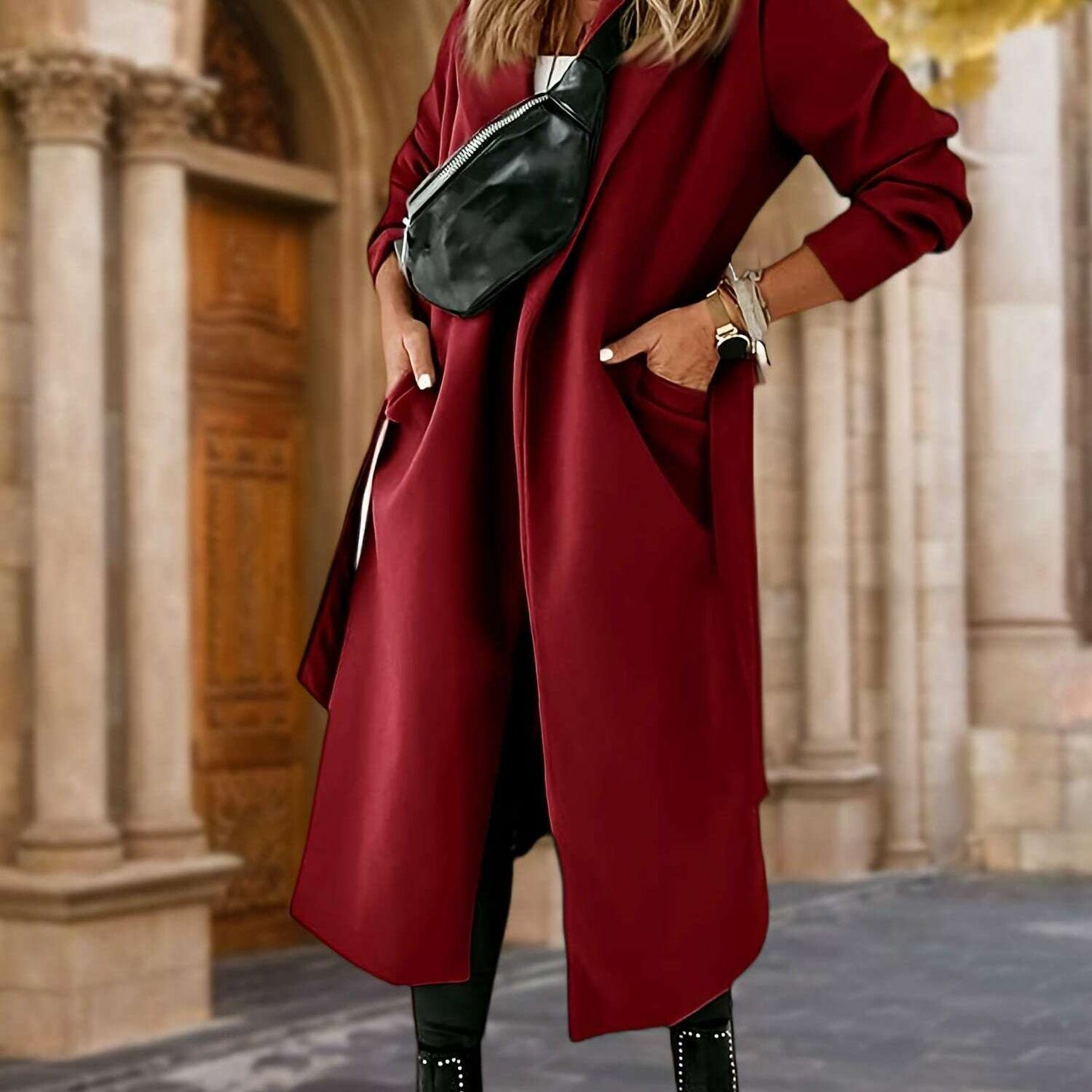 Women's Classic Long Jacket with Lapel Collar and Belt