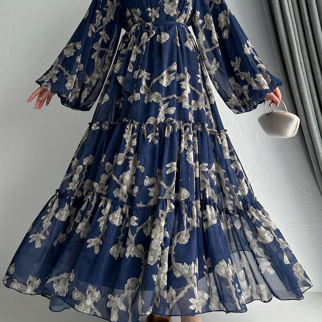 Women'S Elegant Black Floral Print Maxi Dress with Belt - Perfect for All Seasons, All-Season Dress | Floral Print Dress | Ruffled Hemline, Dress