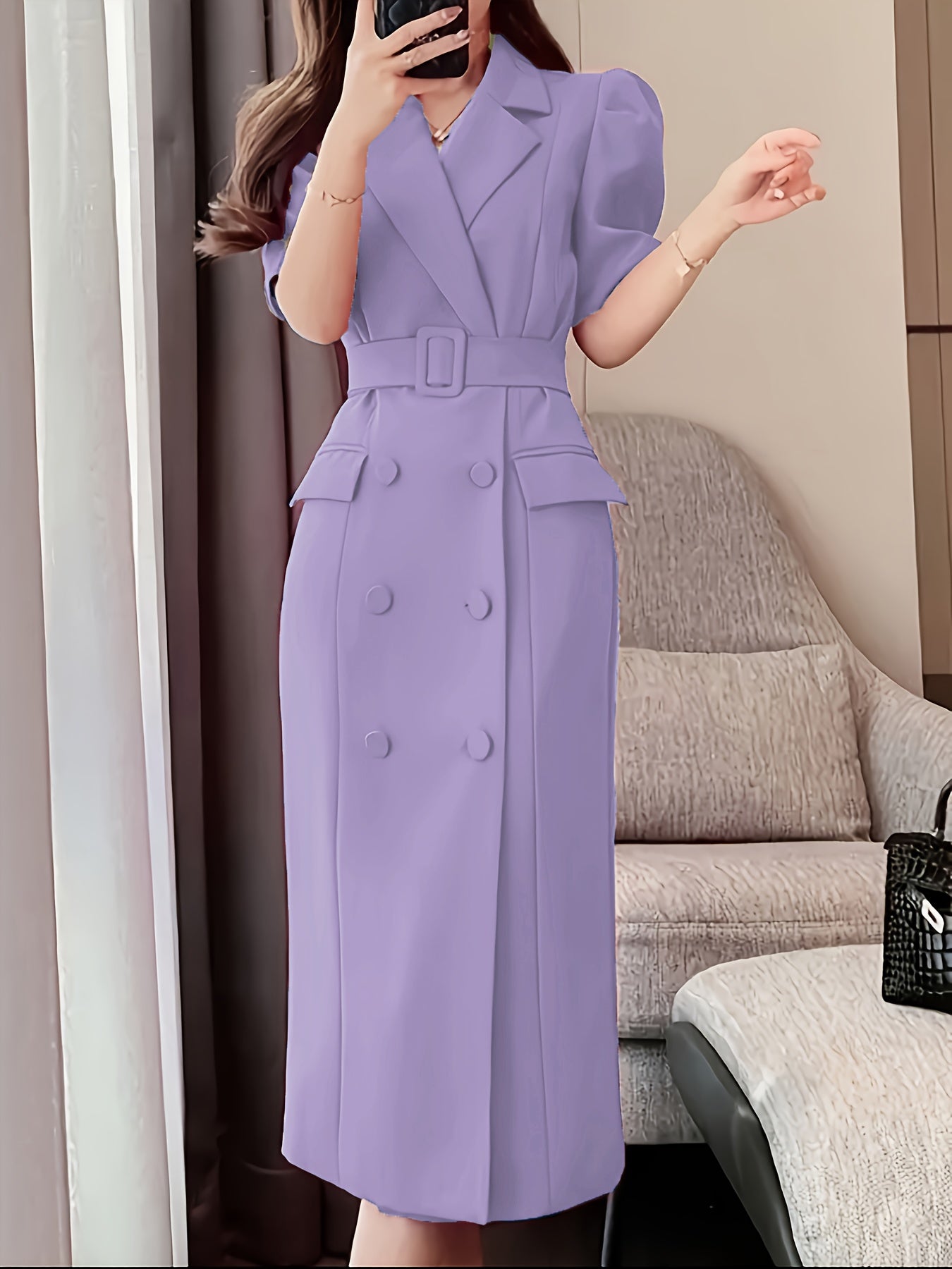 Elegant French-Inspired Magenta Pink Pencil Dress - Chic Notched Collar, Button Detail, Polyester Blend for Women, Perfect for Spring & Fall