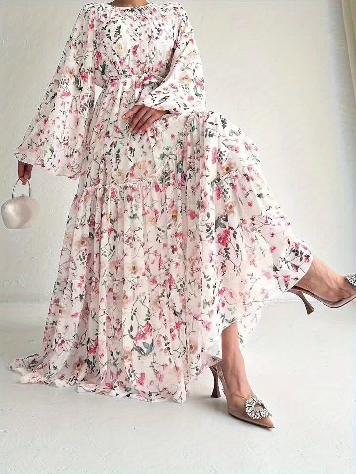 Women’s Floral Maxi Kaftan Dress – Long Sleeve, Crew Neck, Versatile