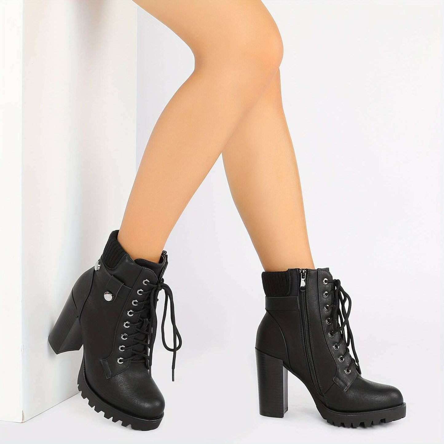 Women's Lace Up Combat Ankle Boots, High Chunky Heel Fashion Heeled Booties Shoes