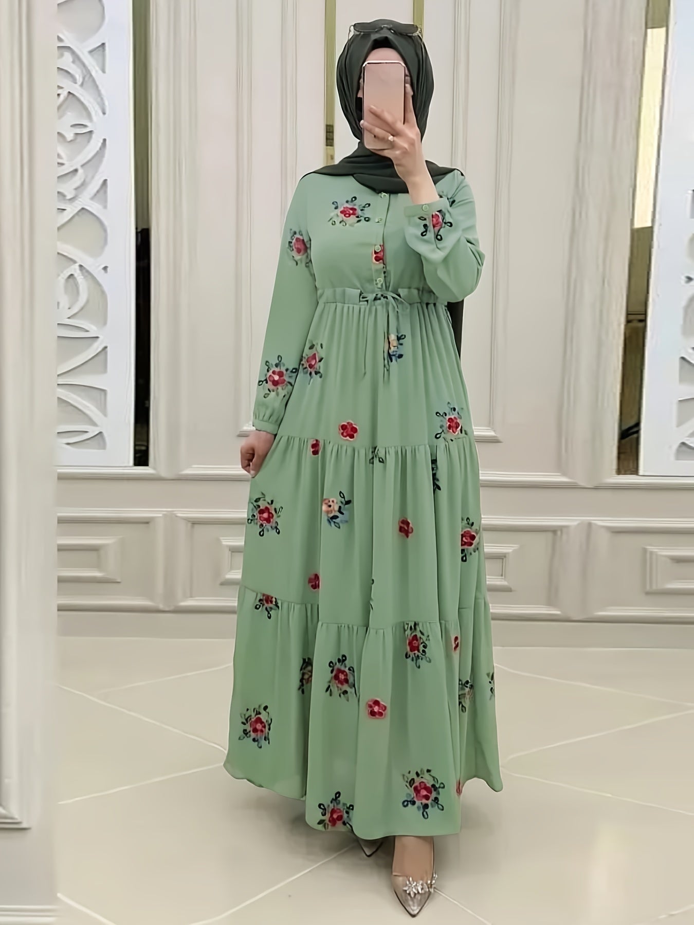 Ramadan Floral Pattern Abaya Dress, Elegant Button Front Long Sleeve Maxi Dress, Women's Clothing