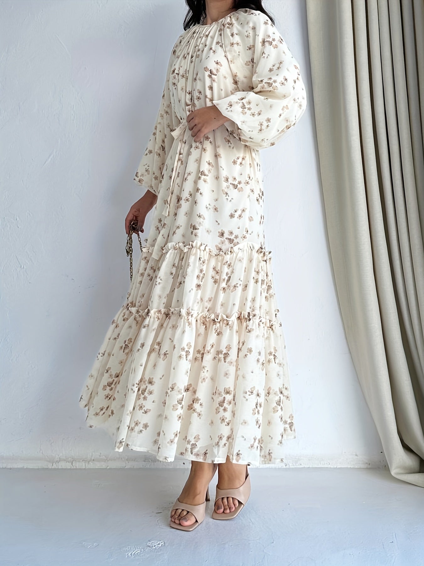 Stunning Floral Print Crew Neck A-Line Dress - Elegant Long Sleeve, Tiered Hem, Comfortable Fit, Versatile Occasion Wear - Womens Clothing for Everyday Elegance