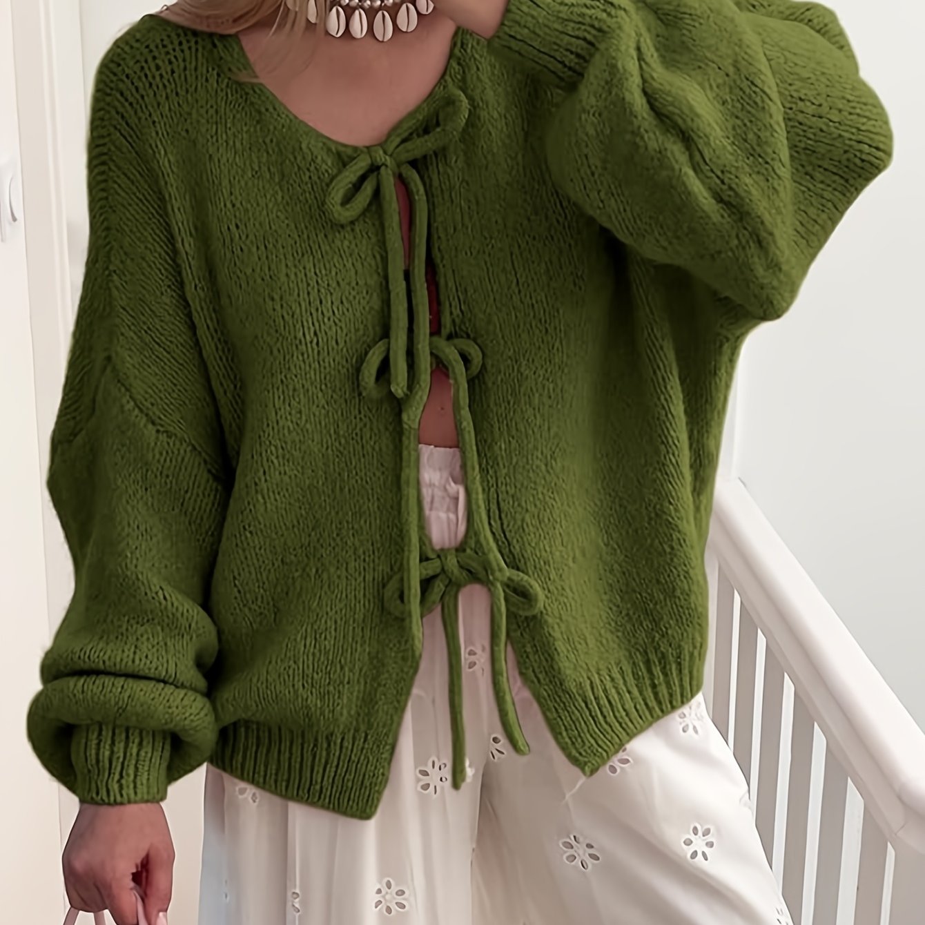 Women'S Oversized Bowtie Knit Sweater Cardigan With Y2K Vibe Long Sleeves V Neck Open Front Casual Wear