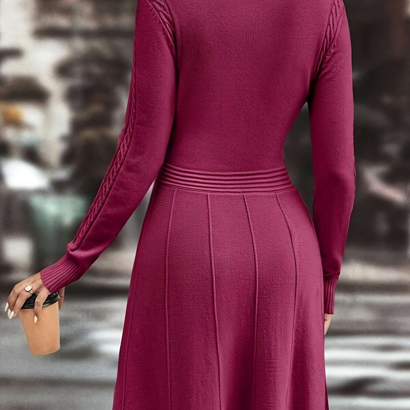 Long Sleeve Solid Crew Neck Knitted A-Line Ruffle Hem Dress - D&M Boutique