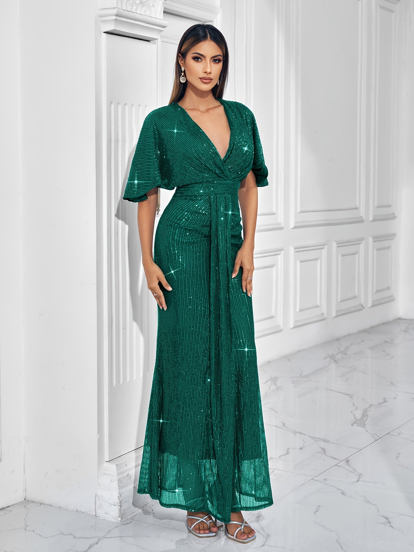Sparkling V-neck Waist Cinched Dress