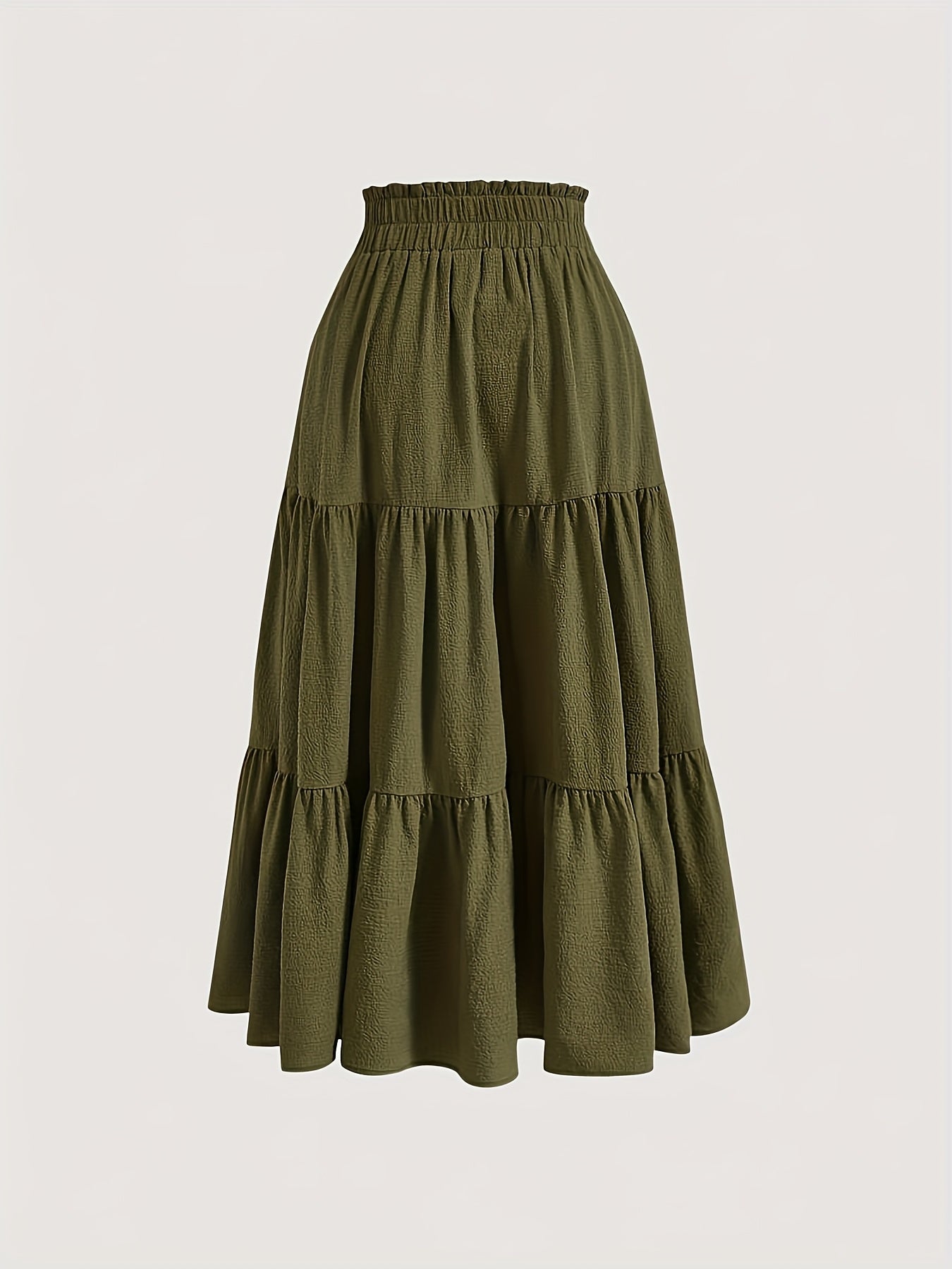 Women'S Two-Piece Solid Color Skirt Set - Black and Olive Green, Casual Style with Drawstring Waist, Elastic Ruffle Hem, Pleated Long Length, All-Season Wear, Casual Attire|Ruffle Hem Skirt|Drawstring Waist Skirt