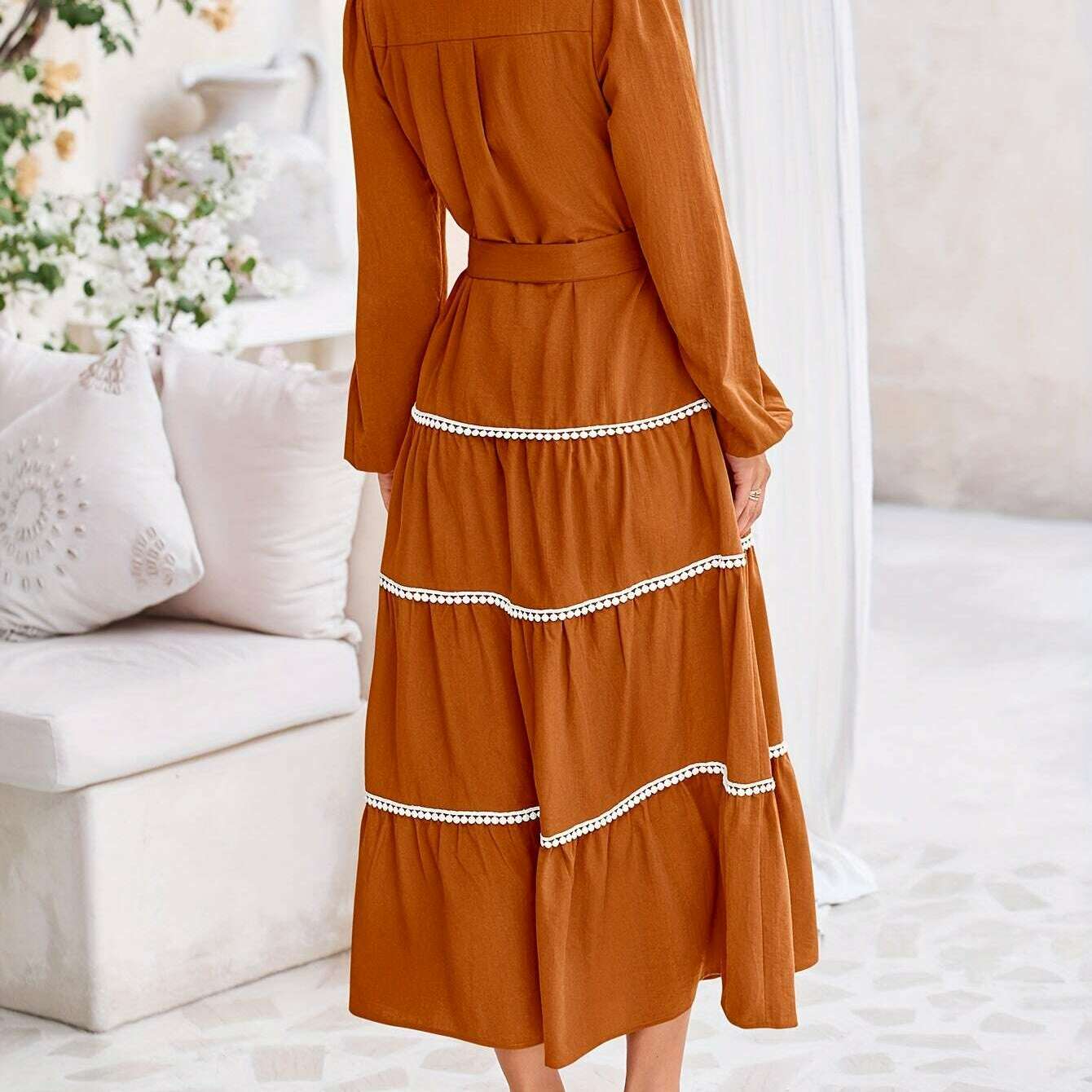 Women'S Spring Casual Dress Loose Drawstring Lantern Sleeve Long Sleeve Tier Dress With Pockets