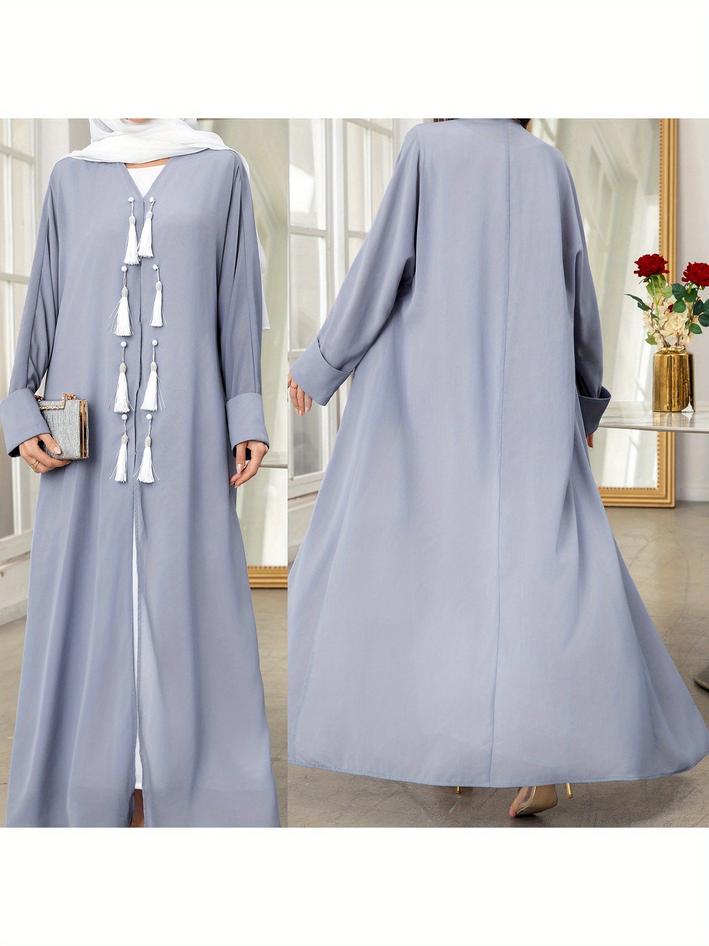 Elegant Gray Long Sleeve Tassel Cardigan - Women’s Loose Fit Caftan Gown for All Seasons, Casual Polyester Robe with Draped Design, Machine Washable