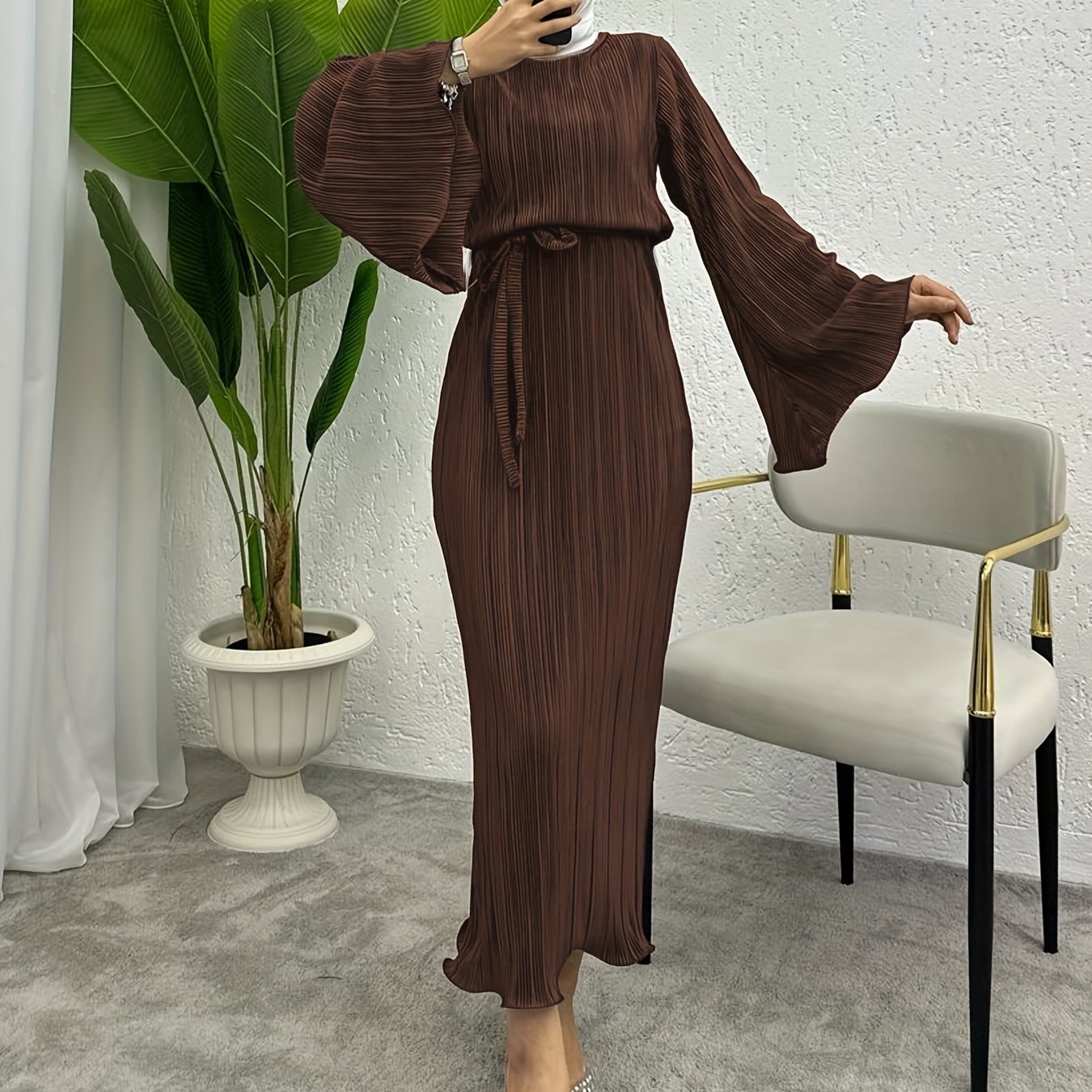 Solid Textured Belted Modest Dress, Elegant Flare Sleeve Simple Maxi Dress For Spring & Fall, Women's Clothing