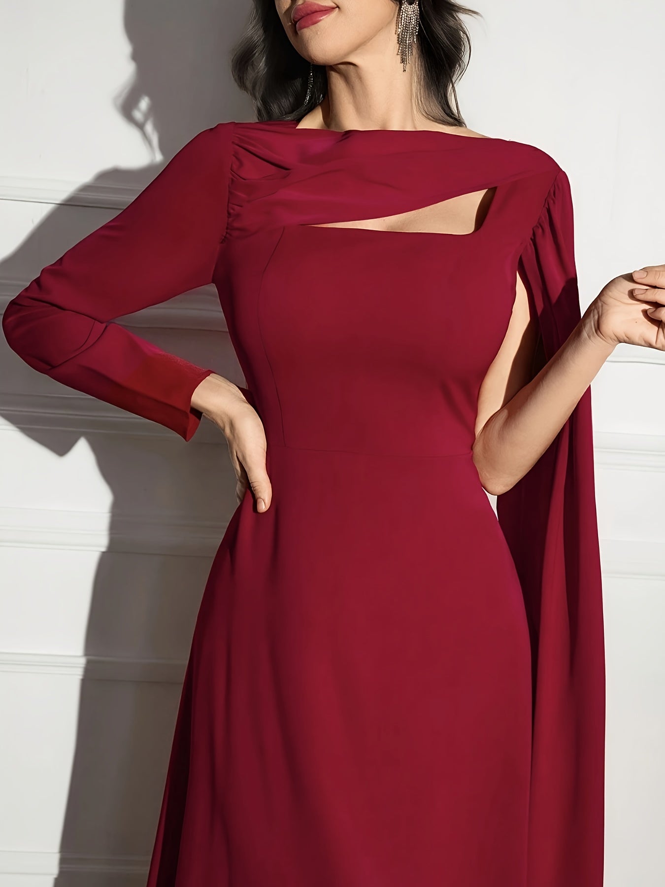 Elegant Maroon A-Line Midi Dress with Keyhole Detail - Long Sleeve, Round Neck, Flowing Silhouette, Perfect for Weddings & Formal Events, A Dress for Women
