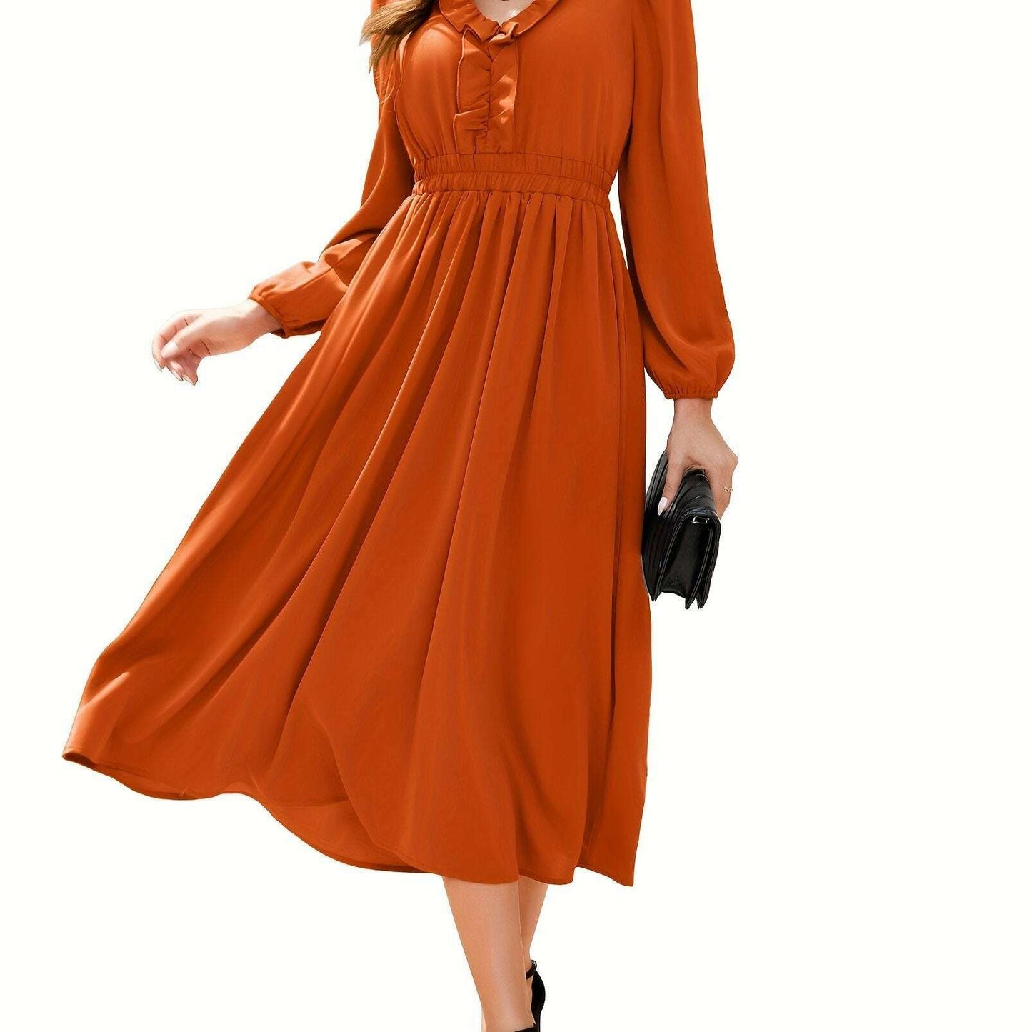 Long Sleeve Elegant Party Dress with Pleats & Ruffles - D&M Boutique