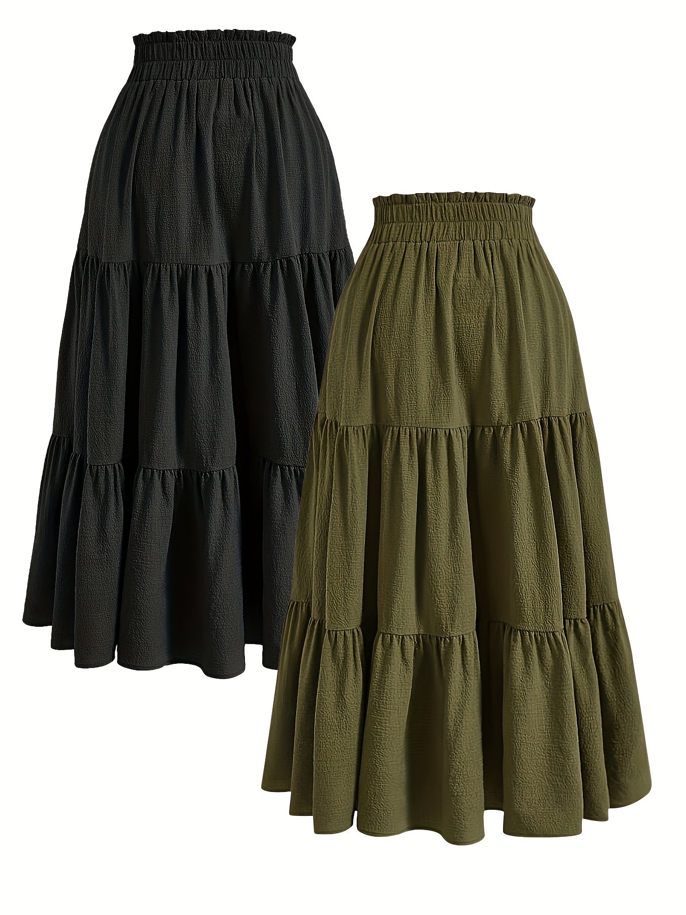 Women'S Two-Piece Solid Color Skirt Set - Black and Olive Green, Casual Style with Drawstring Waist, Elastic Ruffle Hem, Pleated Long Length, All-Season Wear, Casual Attire|Ruffle Hem Skirt|Drawstring Waist Skirt