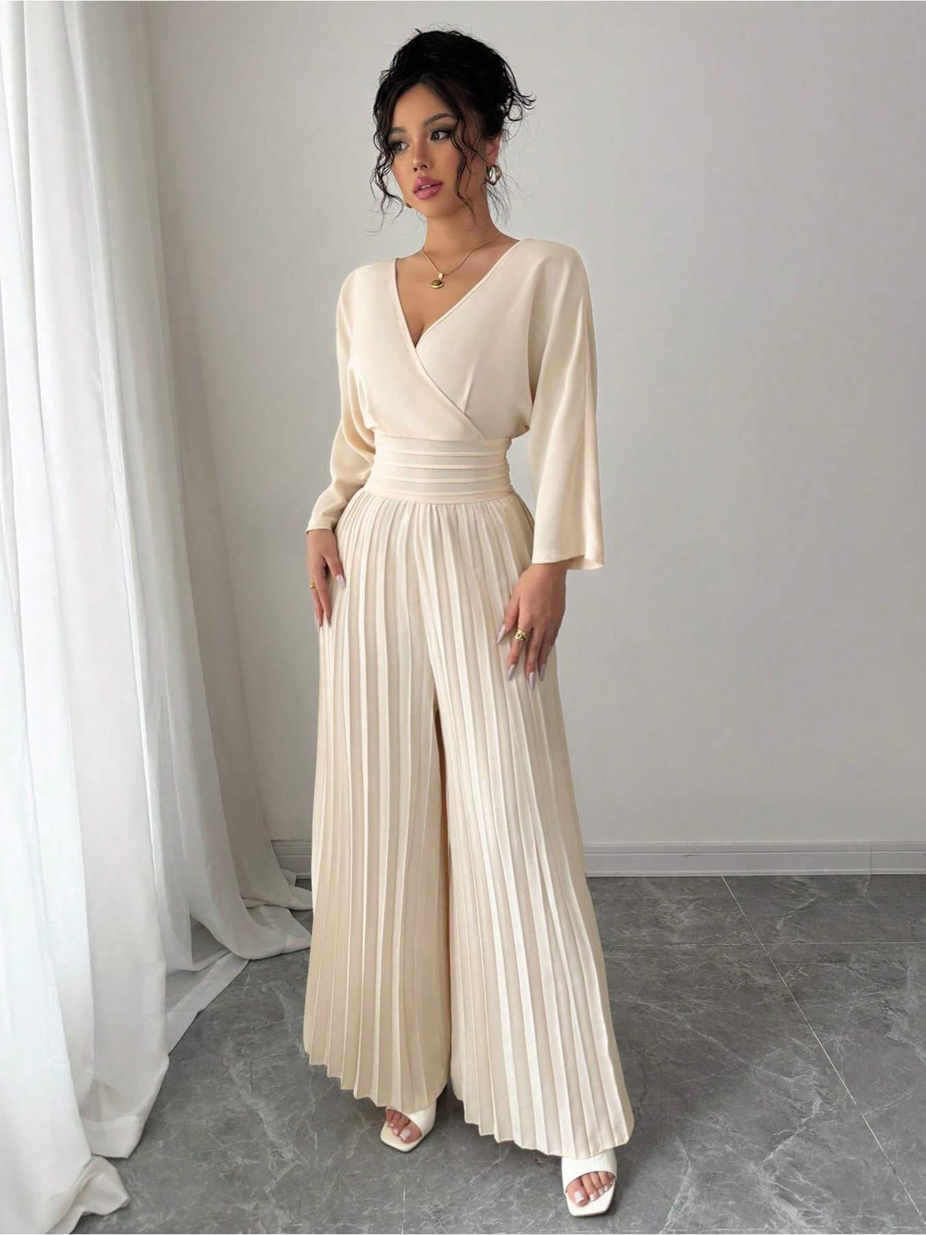 Women'S Elegant Beige Jumpsuit - V-Neck, Three-Quarter Sleeve, Wide-Leg Design with Tie Waist, Solid Color, Perfect for Vacation or Casual Outings, Vacation Attire | Vneck Jumpsuit | Glossy Texture