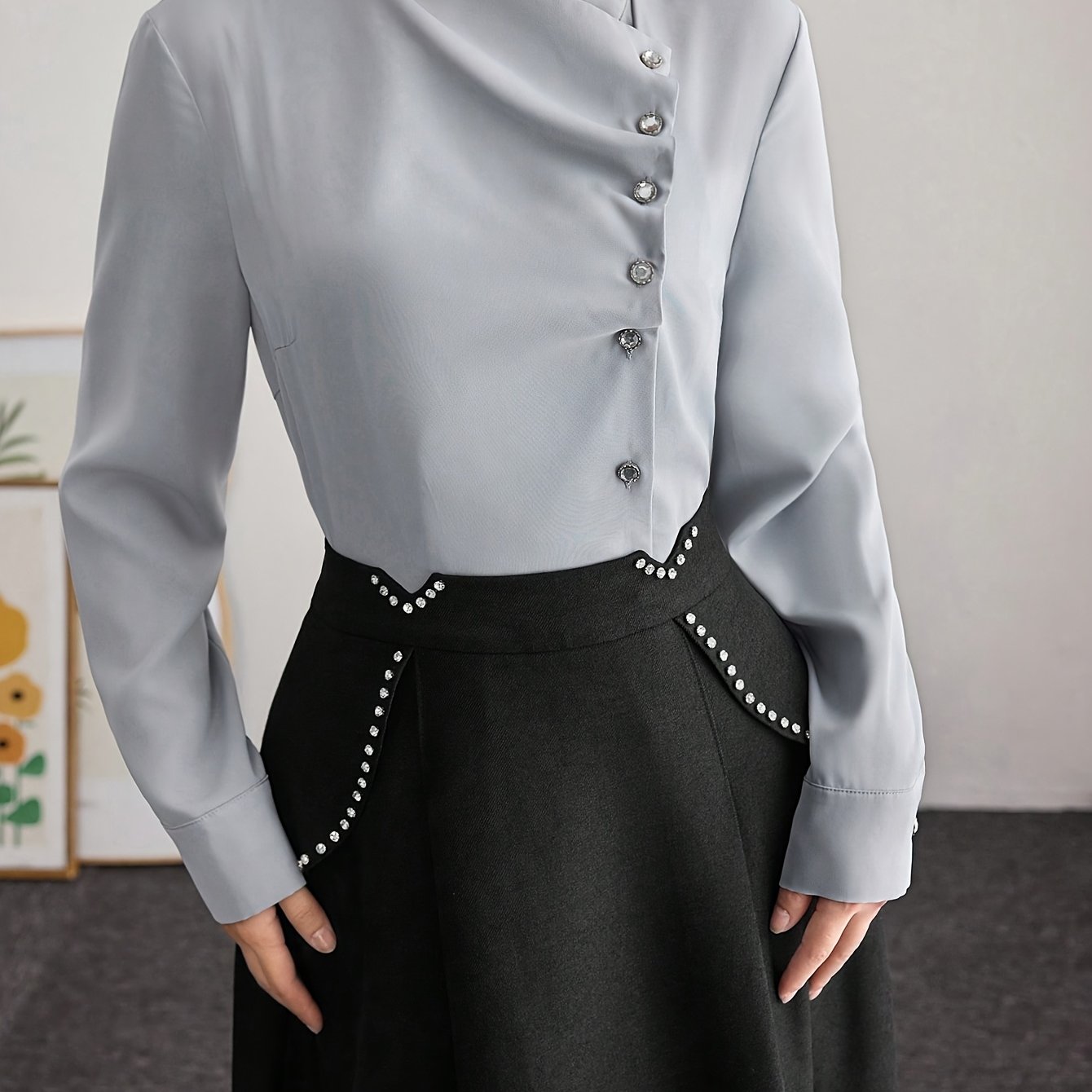 Women's Elegant French-Inspired Lace-Up Blouse with Cross Neckline & Pleated Detailing - Thick Non-Pilling Long Sleeve Shirt, Machine Washable Solid Color Top for Spring/Fall Office & Casual Wear, Lace Long Sleeve Top, Profes