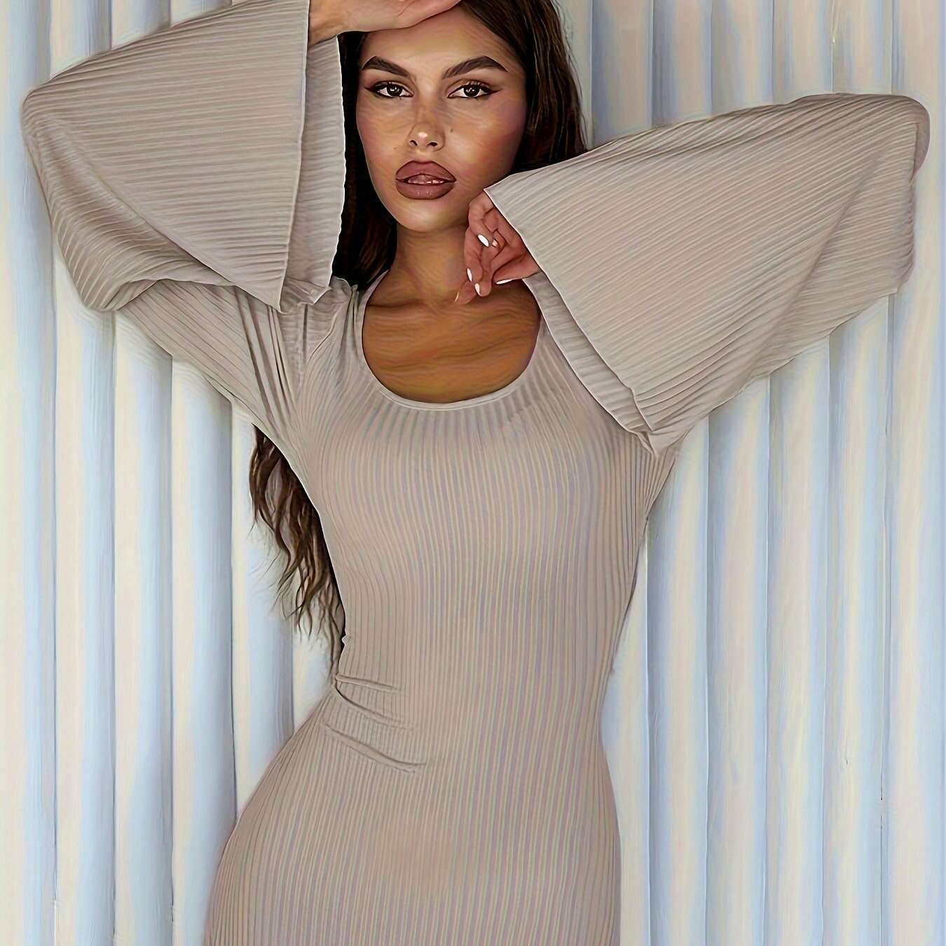 Solid Color Women'S Ribbed Knit Dress with Long Bell Sleeves, Round Neck, And Back Tie.