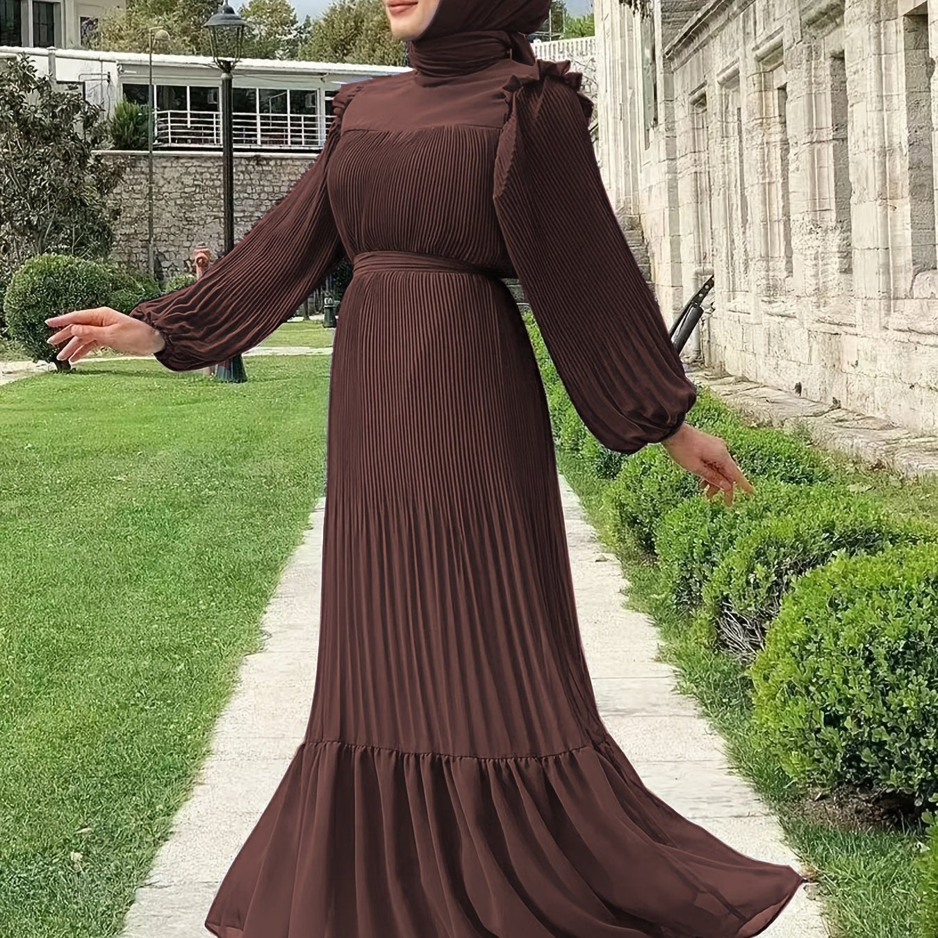 Women's Middle Eastern Muslim Abaya Kaftan Dress - Modest Long Sleeve Ruffled Hem Solid Color Traditional Dress with Belt, Machine Washable All-Season Casual Wear, Modest Apparel | Soft Texture