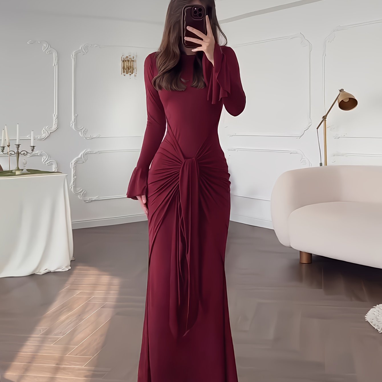 Elegant Maroon Long Sleeve Maxi Dress with Ruched Waist and Tie Detail - Stretchy, Flowing Design for Indoor Evening Events, Perfect for Fall/Winter Gatherings, Formal Evening Wear|Ruched Waist Dress|Stretchy Fabric