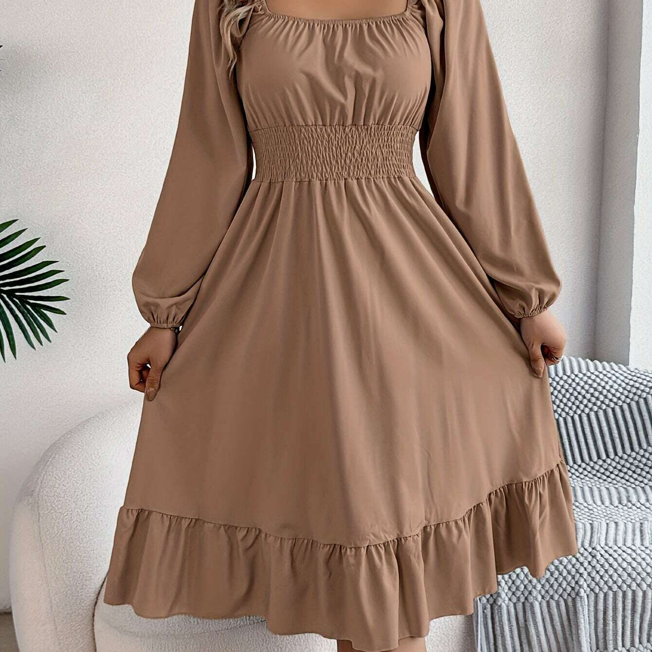 Ruffle Hem Lantern Sleeve A-line Dress, Elegant Solid Color Square Neck Backless Shirred Dress, Women's Clothing