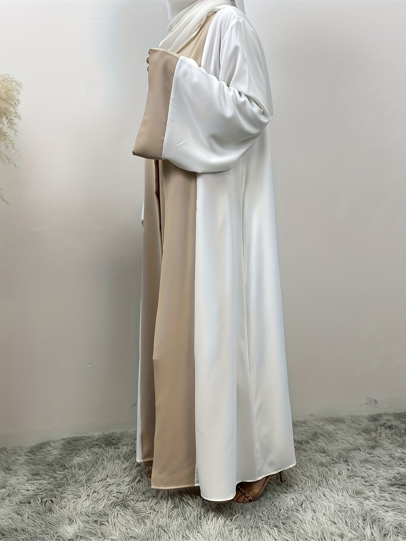 Elegant Abaya Faux Two Pieces Design, Solid Color, Long Sleeve, Kimono, Polyester, Woven, 160G/M², with Pocket, for Muslim, Spring/Fall