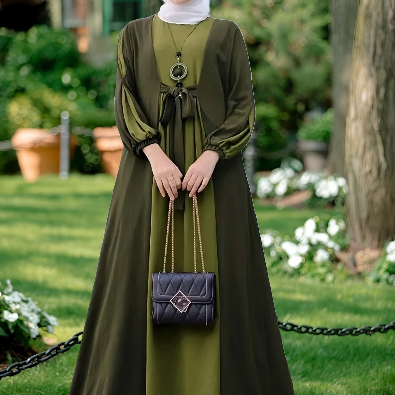 Ramadan Elegant Tie Front Kaftan Dress - Abayas with Long Sleeve, Maxi Length, Color Block Design, Women's Clothing for Special Occasions - Classic, Modest, and Chic Fashion