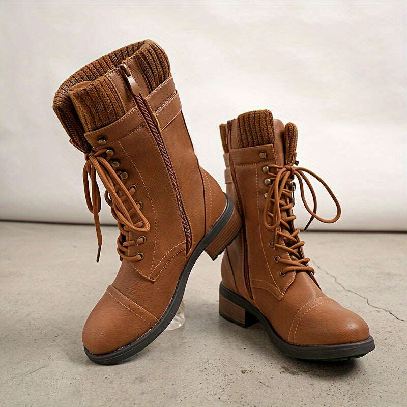 Women's Winter Lace Up Mid Calf Combat Riding Boots
