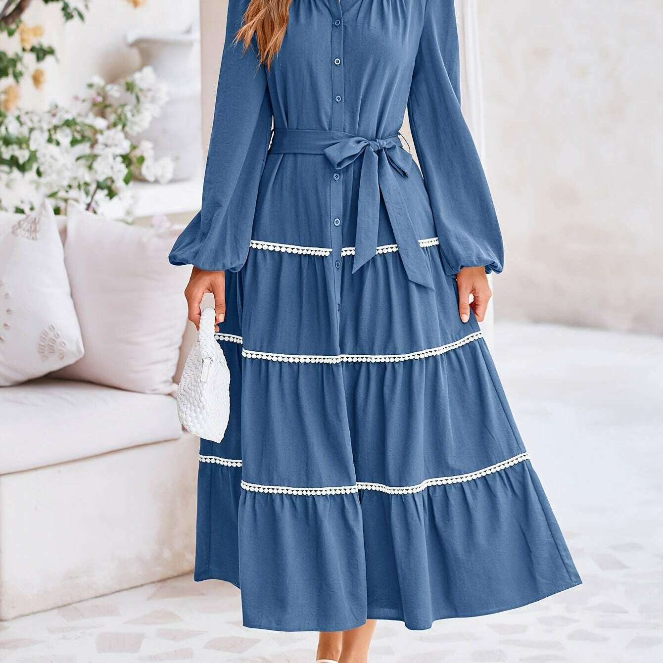 Women'S Spring Casual Dress Loose Drawstring Lantern Sleeve Long Sleeve Tier Dress With Pockets